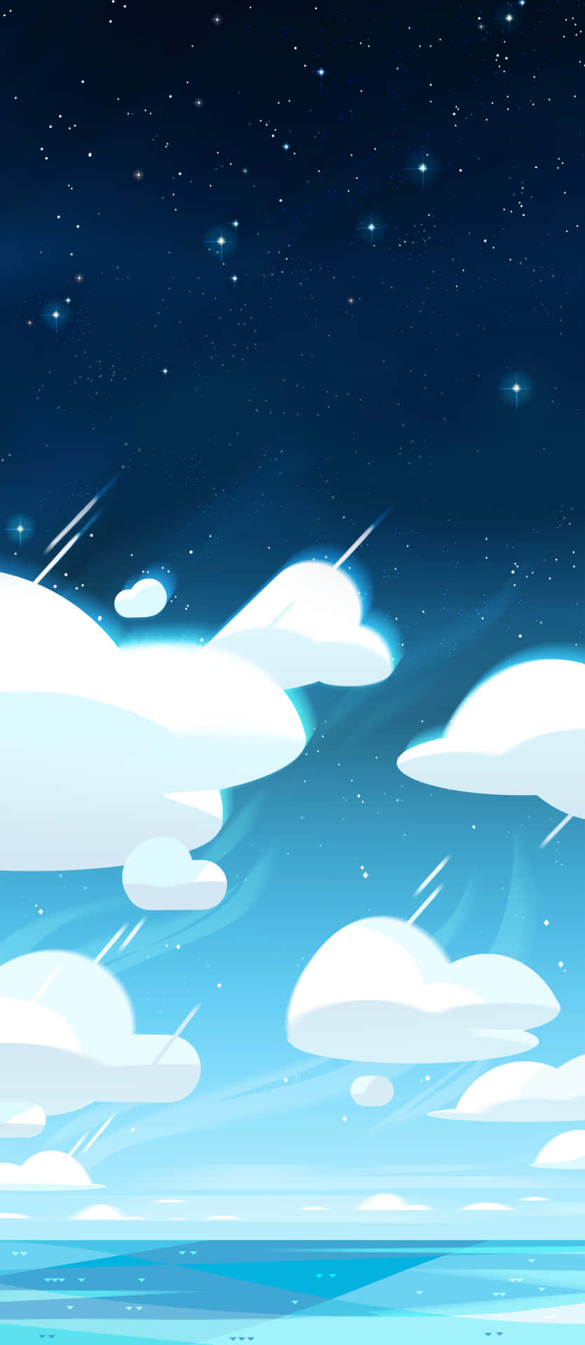 桌布 壁紙 — 柔軟的卡通雲朵在閃爍的星夜中飄過，下方是平靜的藍色海洋，上方是發光的天體光芒。