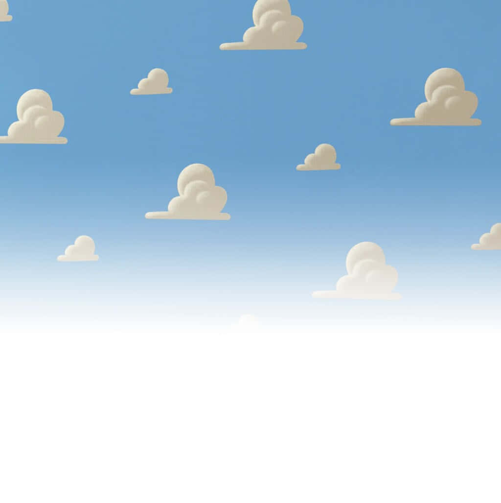 Toy Story Cloud 桌布 壁紙 — 柔軟的卡通雲朵漂浮在漸層藍色天空上，白色地平線之上。