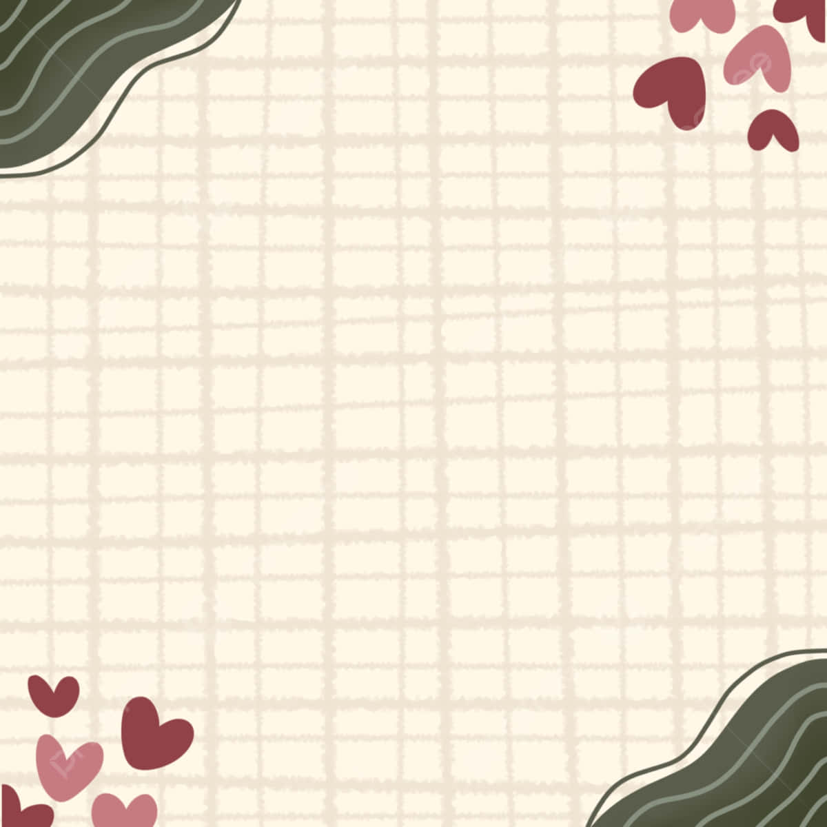 Pink Grid 桌布 壁紙 — 柔軟的奶油色網格背景，搭配波浪形橄欖綠邊框，角落散落粉紅色愛心。