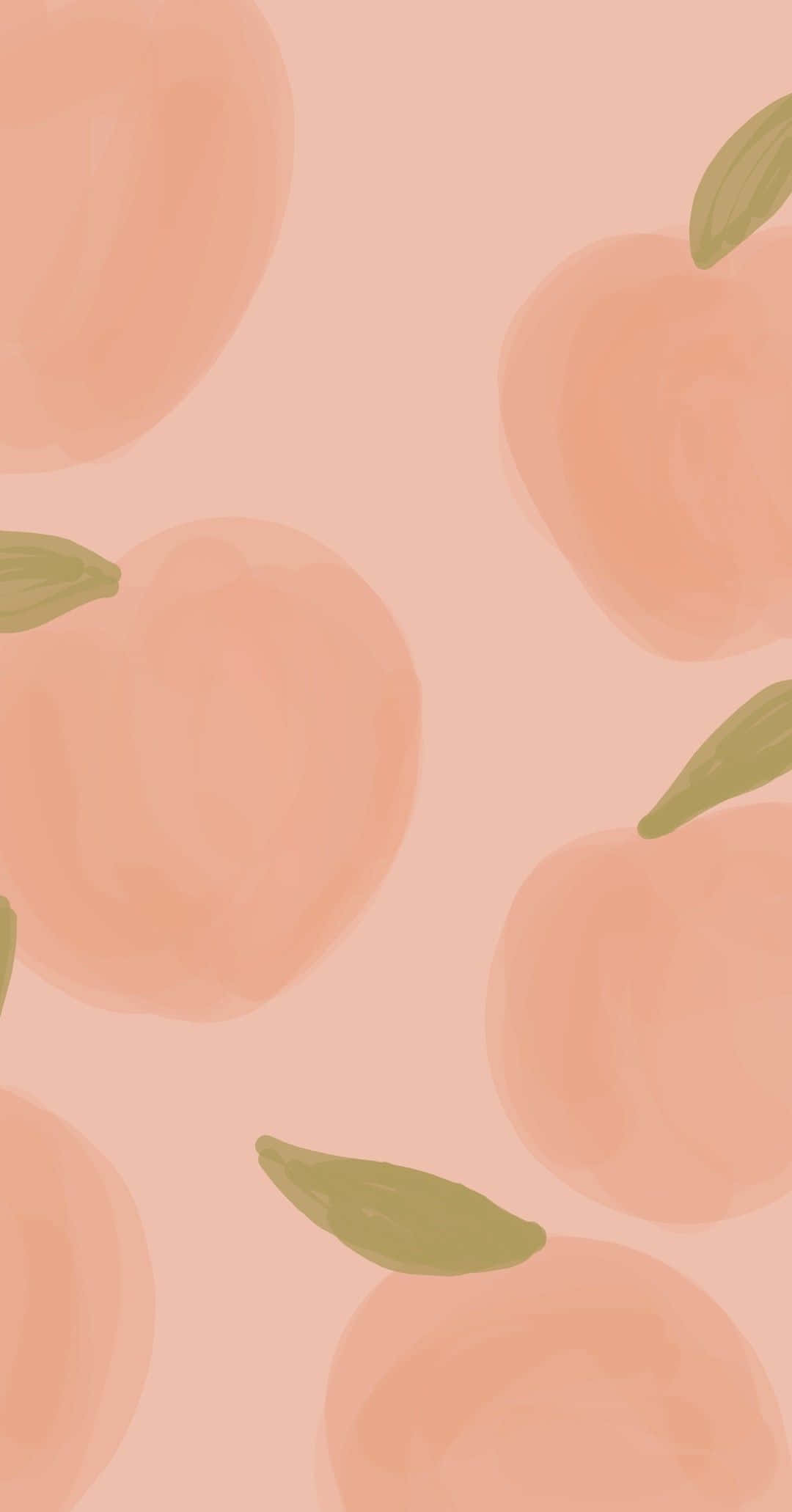 Cute Peach 桌布 壁紙 — 柔軟的桃子和綠色葉子在水彩風格的柔和粉紅色背景上輕輕漂浮。