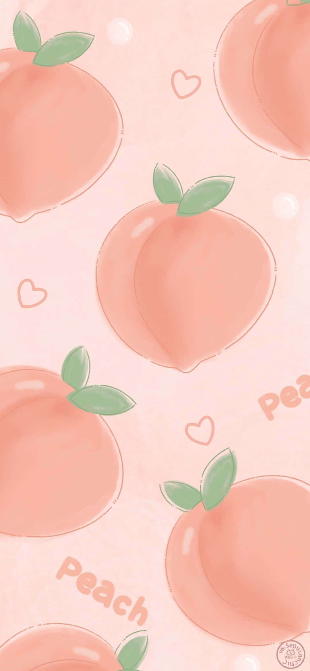 Cute Peach 桌布 壁紙 — 柔軟的桃子果實和綠色葉子漂浮在帶有心形和「peach」字樣的粉彩粉紅色背景上。