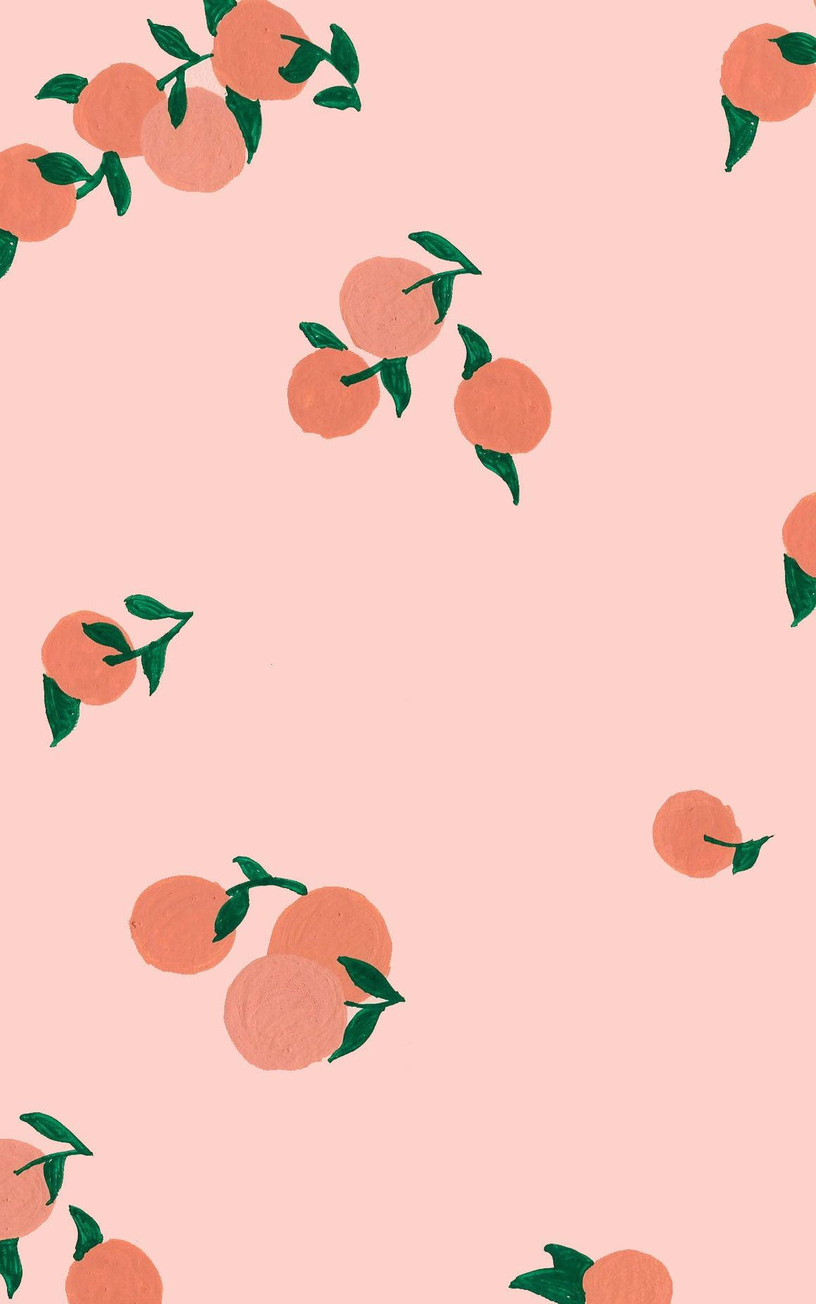 Fruit 桌布 壁紙 — 柔軟的桃子果實和綠葉在粉彩粉紅色背景上以俏皮的散落圖案輕輕漂浮。