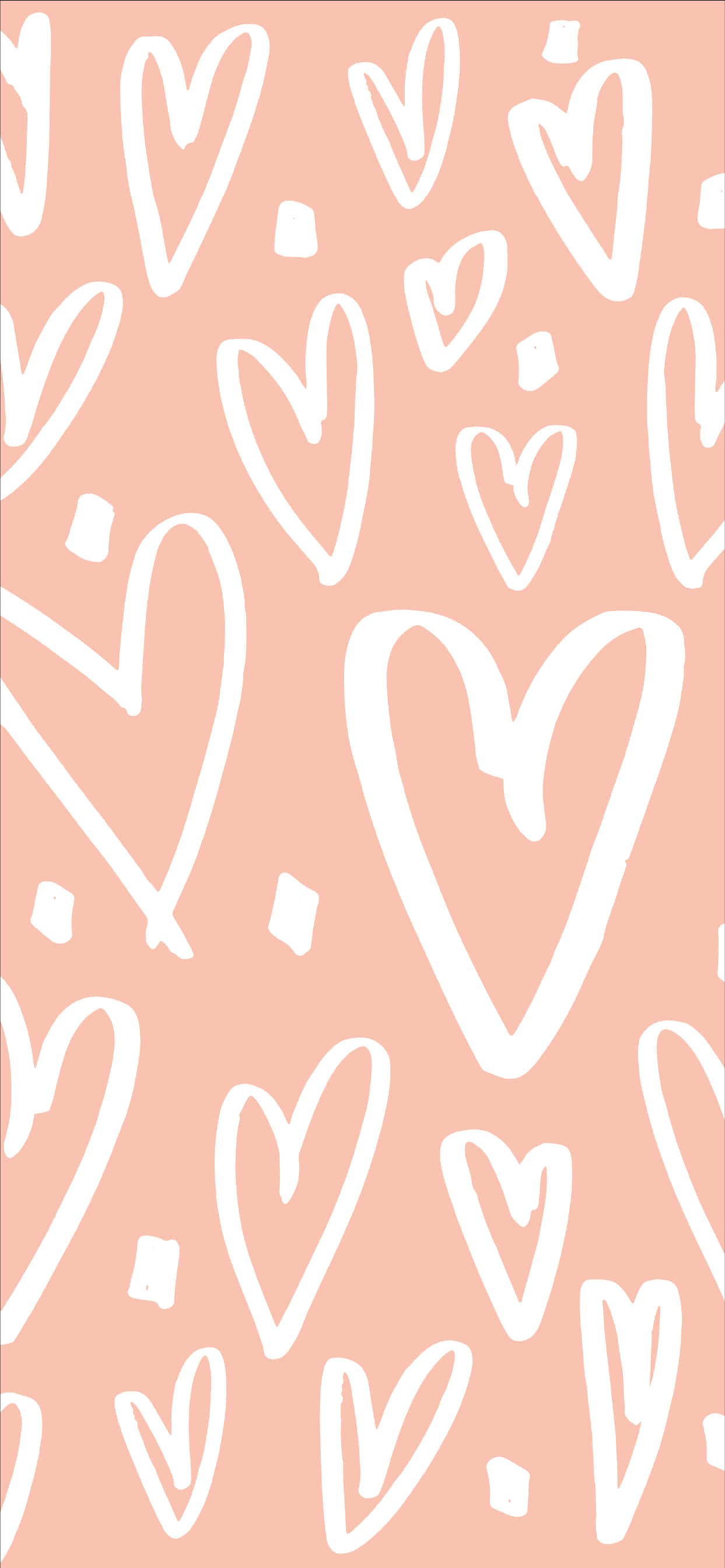 Valentines Day Phone 桌布 壁紙 — 柔軟的桃色背景，散落著白色手繪愛心和細小方塊，形成俏皮圖案。