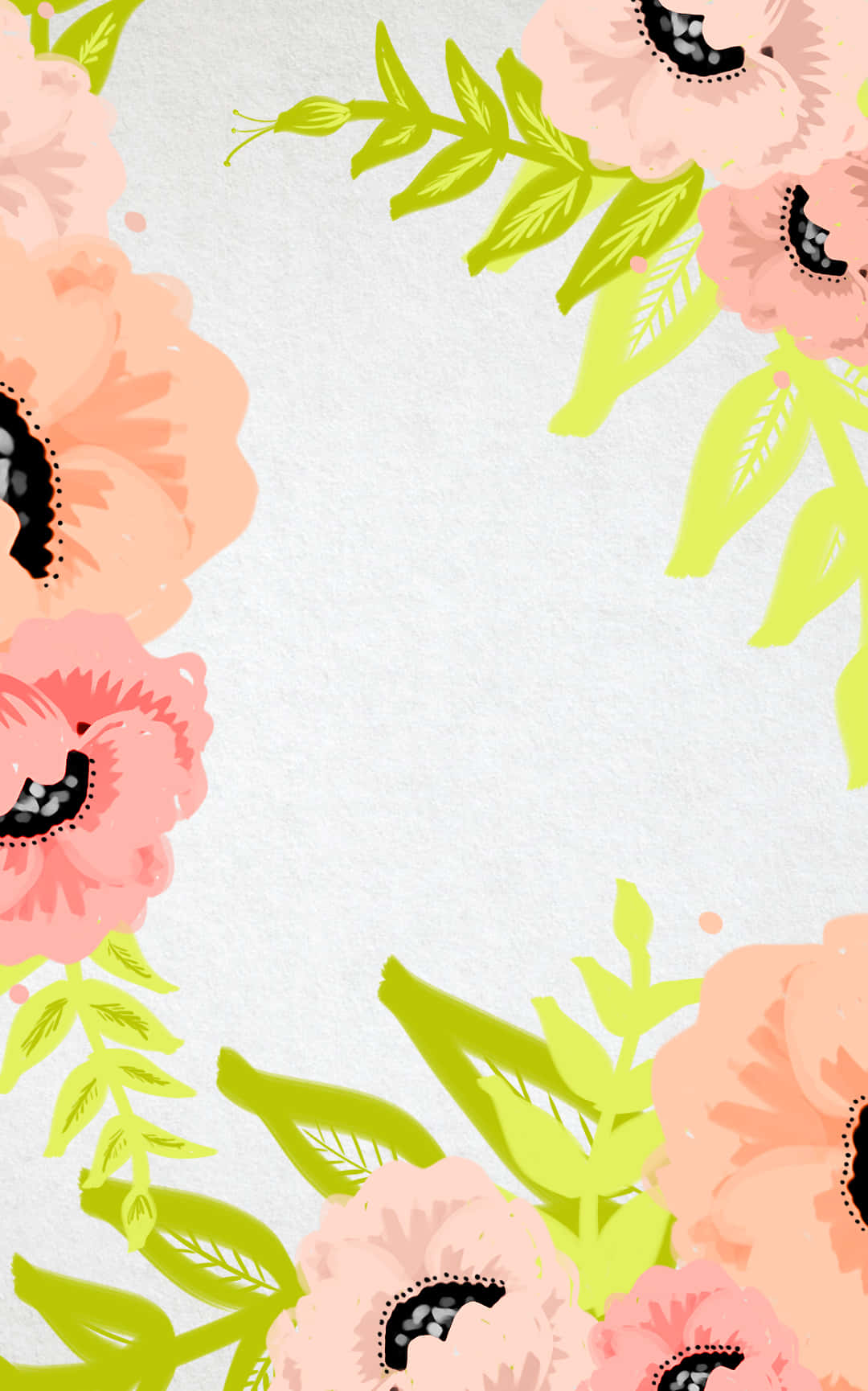 Cute Spring iPhone 桌布 壁紙 — 柔軟的桃色花朵與萊姆綠色葉子，在帶有紋理的白色背景上形成精緻的花卉邊框設計。