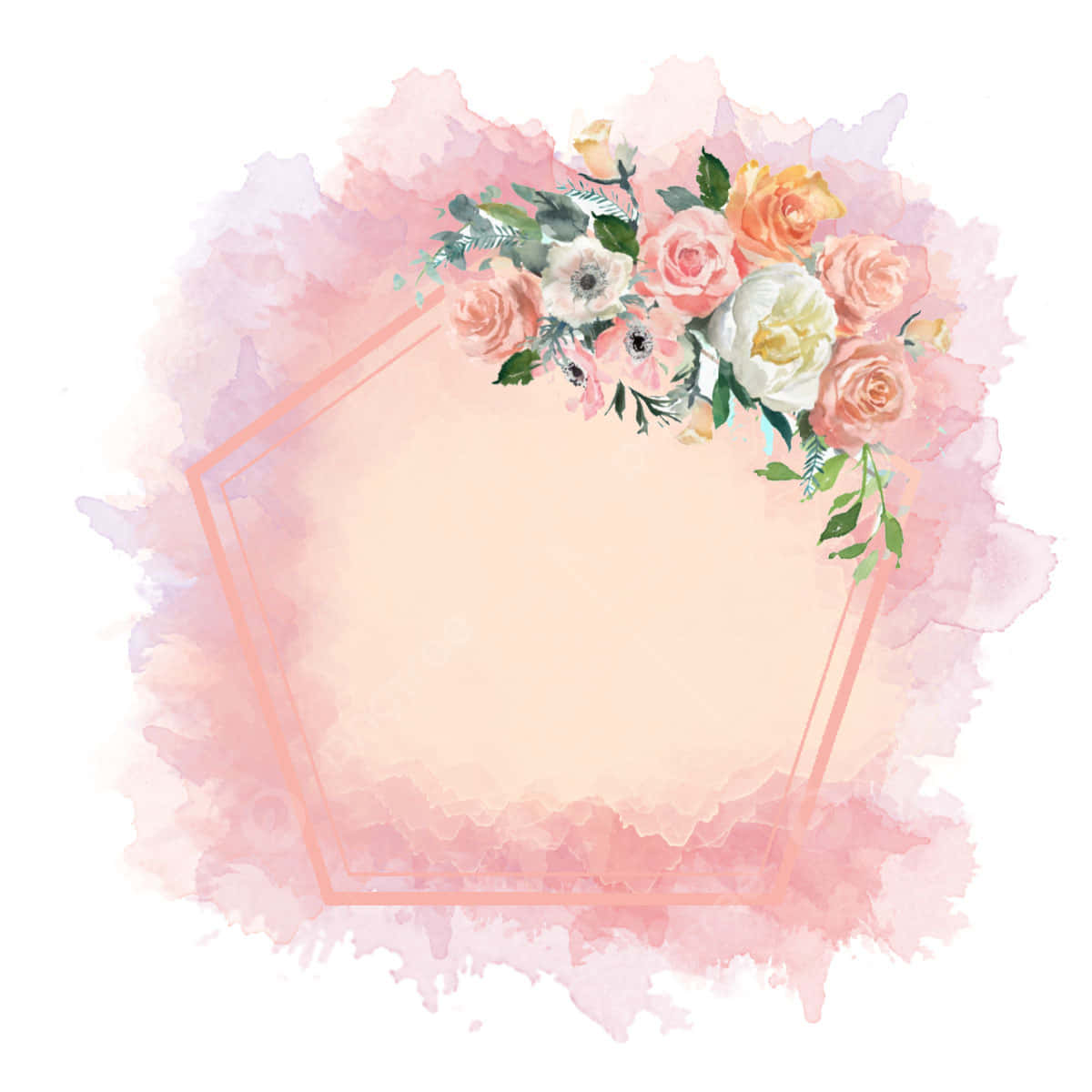 Watercolor Flower 桌布 壁紙 — 柔軟的水彩花卉佈置在粉紅色水彩洗滌背景上，為蜜桃色六邊形框架加冕。