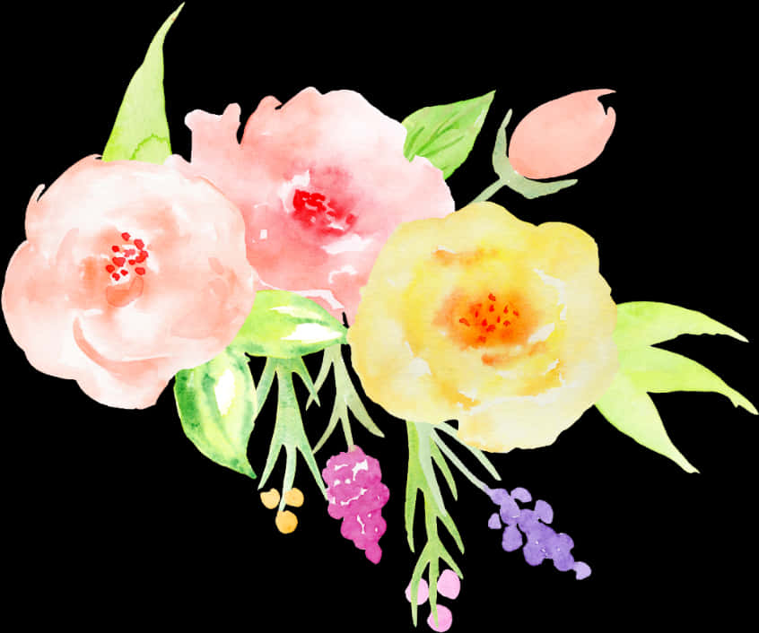 Pink Flower 桌布 壁紙 — 柔軟的水彩花朵以粉紅、黃色和紫色在純黑背景上綻放，搭配精緻的綠色葉子。