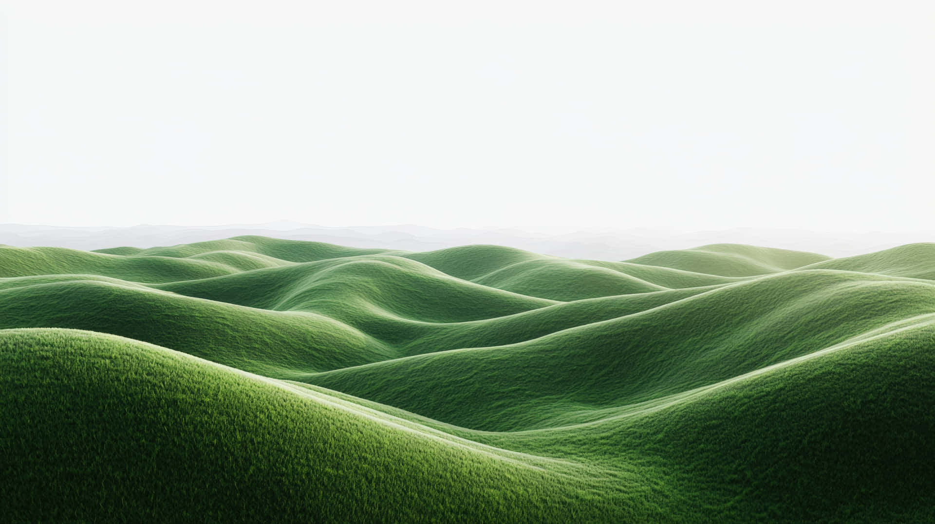 Minimalist Rolling Green Hills in Serene Landscape 壁紙 — 柔軟的白色天空下，翠綠的山丘連綿起伏，帶有柔和的曲線和微妙的陰影。