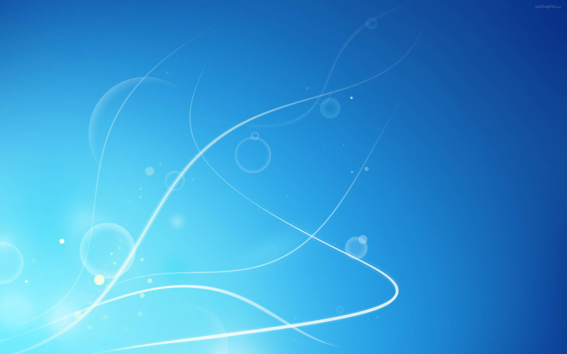 Windows 7 桌布 壁紙 — 柔軟的白色漩渦線條和發光球體優雅地漂浮在寧靜的漸變藍色背景上。