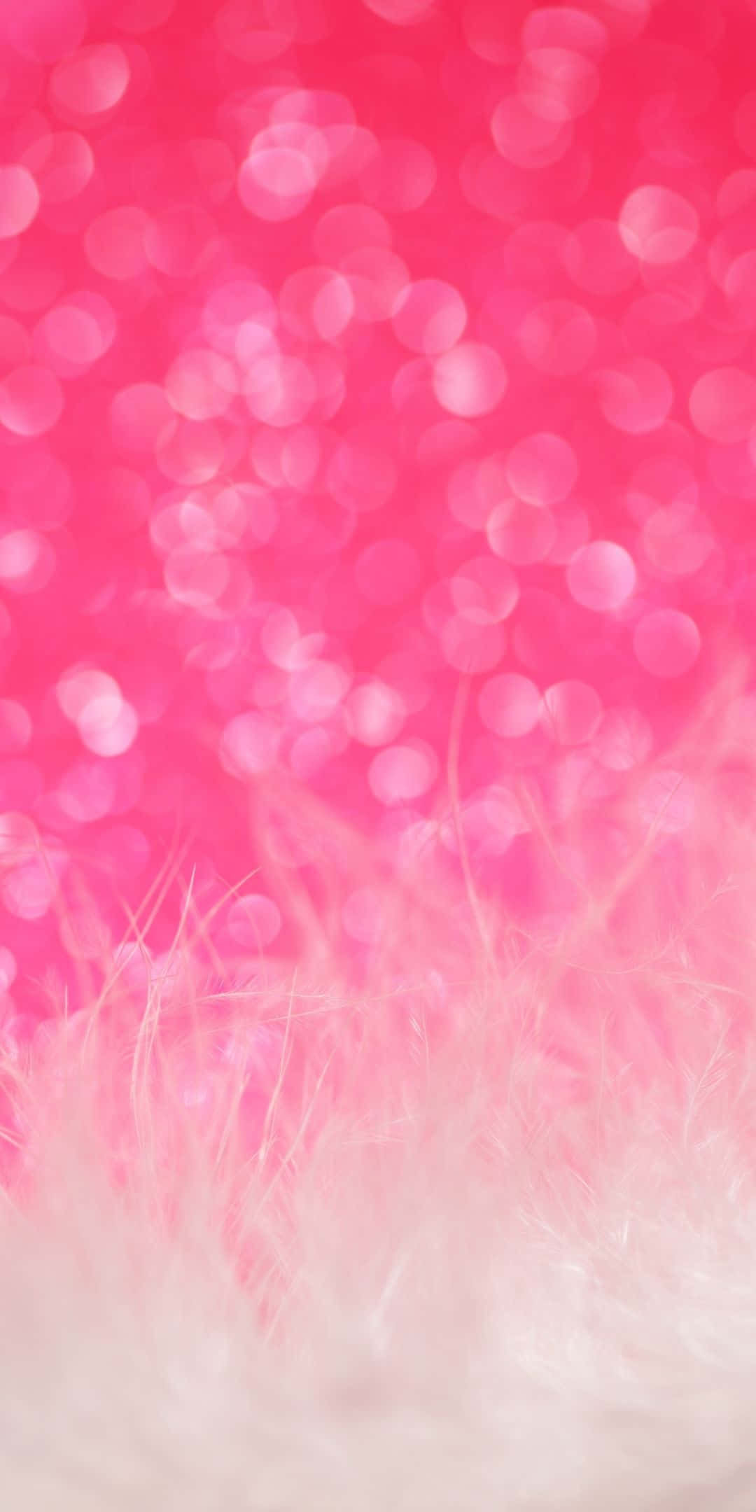 Bokeh 桌布 壁紙 — 柔軟的白色羽毛在充滿活力的粉紅色散景背景上，帶有發光的圓形高光。