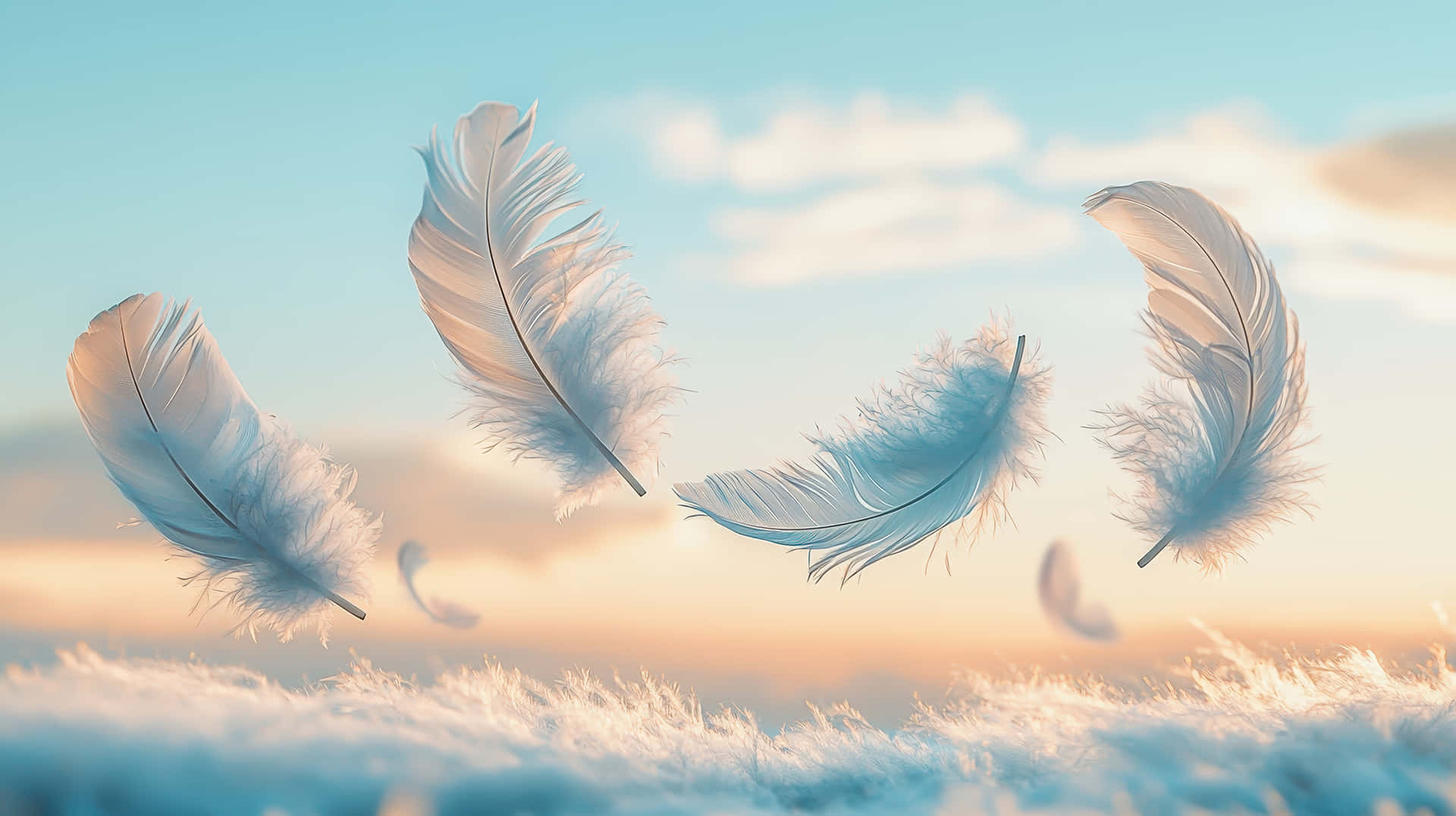 Soft White Feathers Floating in the Air 壁紙 — 柔軟的白色羽毛在平靜的天空中輕輕飄動，天空中有粉藍色和金色的雲朵，下方是蓬鬆的白色表面。