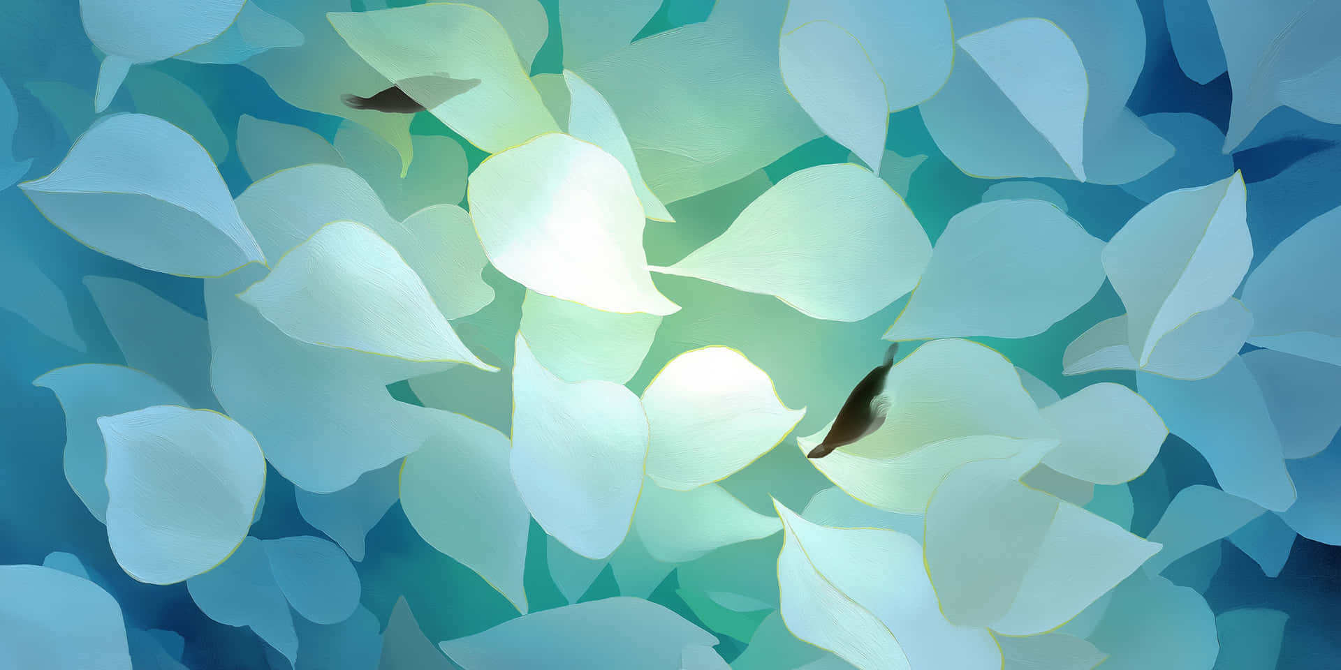 Ethereal Petal Drift 壁紙 — 柔軟的白色花瓣形狀漂浮在冷藍色和藍綠色的漸變中，帶有微妙的深色點綴。