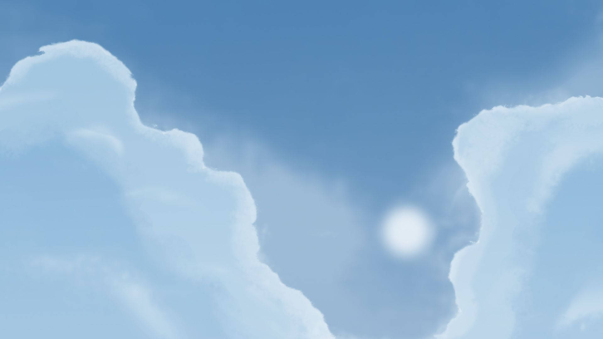 嬰兒藍 桌布 壁紙 — 柔軟的白雲在寧靜的藍天上飄移，一顆發光的太陽從中探出頭來。