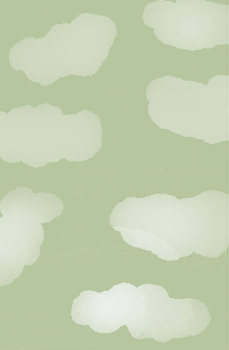 可愛平板 桌布 壁紙 — 柔軟的白雲在柔和的鼠尾草綠色背景上以極簡水彩風格輕輕漂浮。