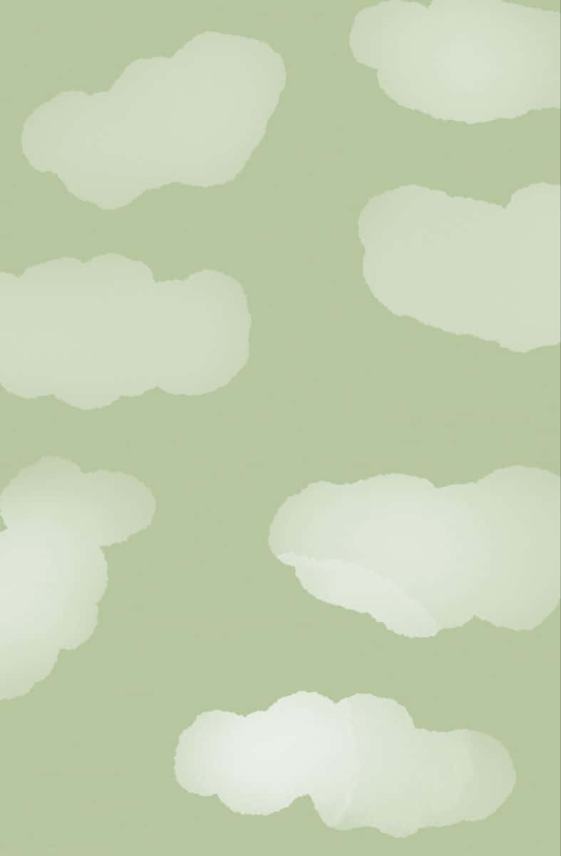 雲朵 桌布 壁紙 — 柔軟的白雲在柔和的鼠尾草綠色背景上輕輕漂浮，形成極簡的數位插圖。