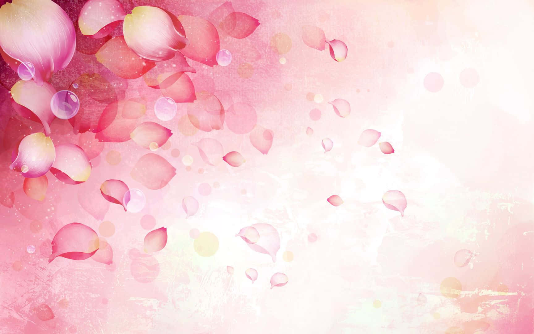 Abstract Rose 桌布 壁紙 — 柔軟的粉紅玫瑰花瓣在夢幻水彩背景上輕輕飄動，帶有細膩的散景和露珠。