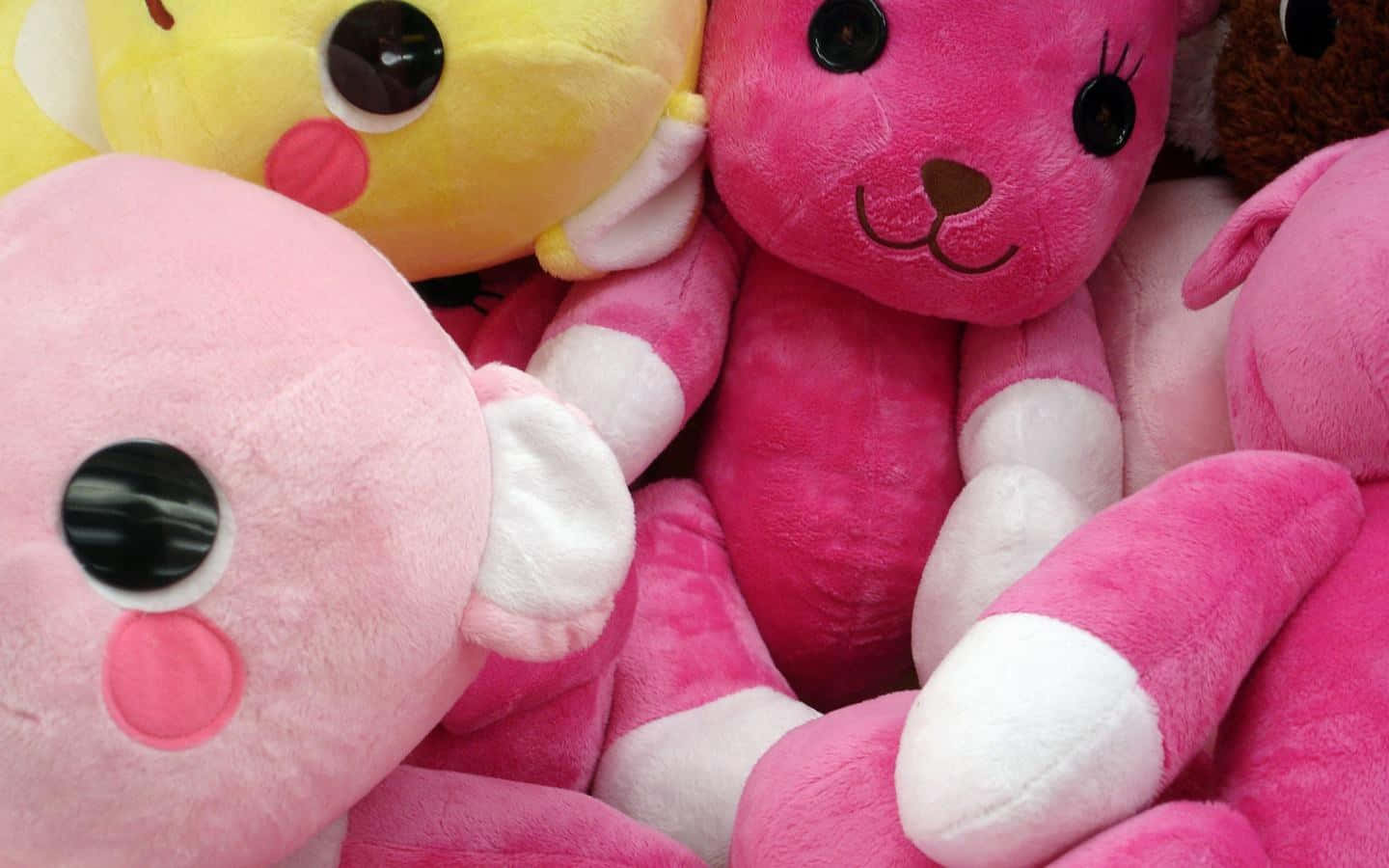 bear love 桌布 壁紙 — 柔軟的粉紅色、黃色和棕色毛絨玩具，有大黑眼睛和白色腳掌，堆疊在一起的近距離特寫。