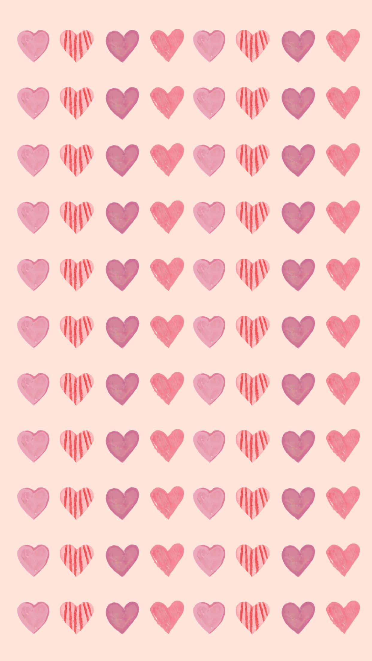 Valentines Day Phone 桌布 壁紙 — 柔軟的粉紅色壁紙，充滿了重複的水彩心形圖案，顏色深淺不一並帶有條紋。