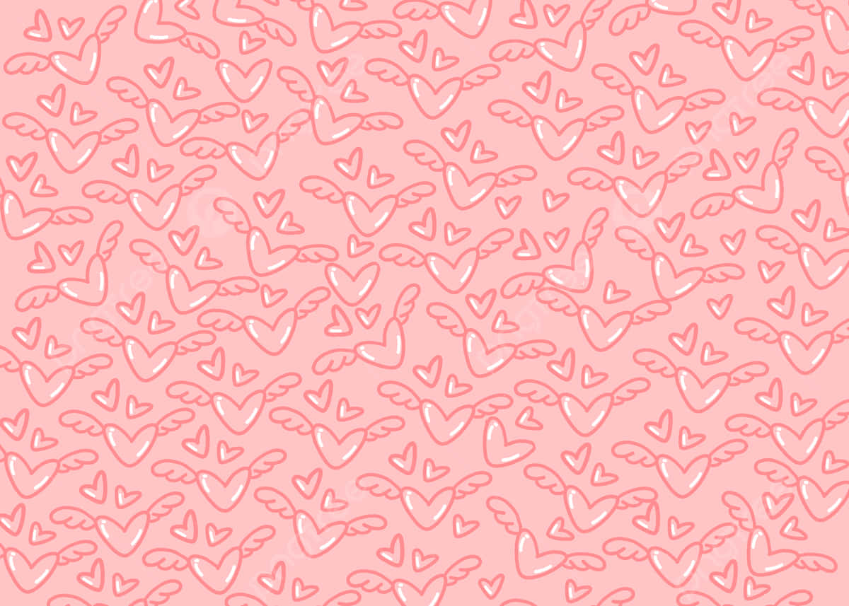Cute Hearts 桌布 壁紙 — 柔軟的粉紅色壁紙，充滿重複的輪廓心形，飾有精緻的翅膀。