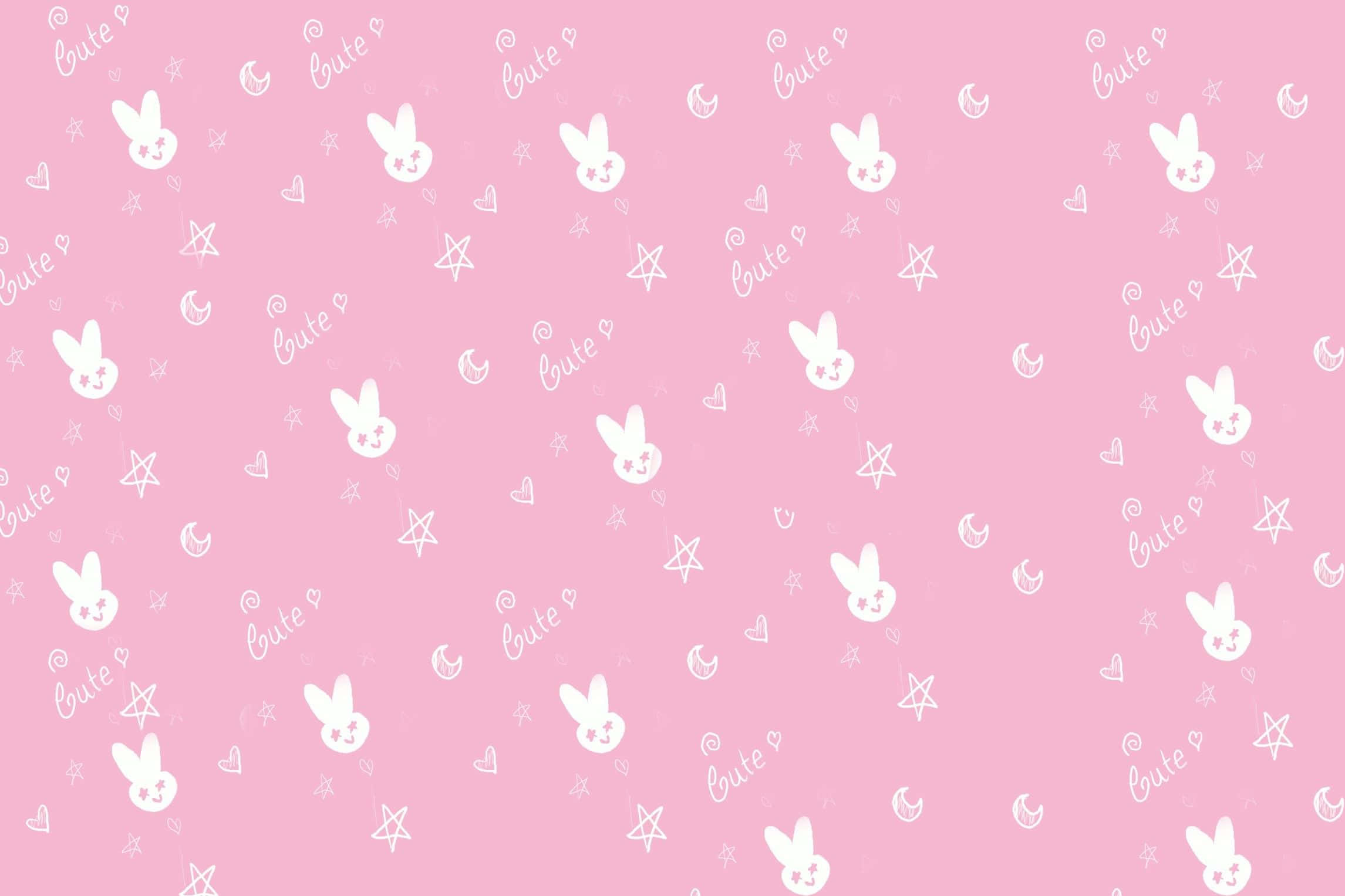 Pink Cute 桌布 壁紙 — 柔軟的粉紅色壁紙，圖案是白色卡通兔子、星星、愛心以及「cute」這個字，以有趣的散佈設計呈現。
