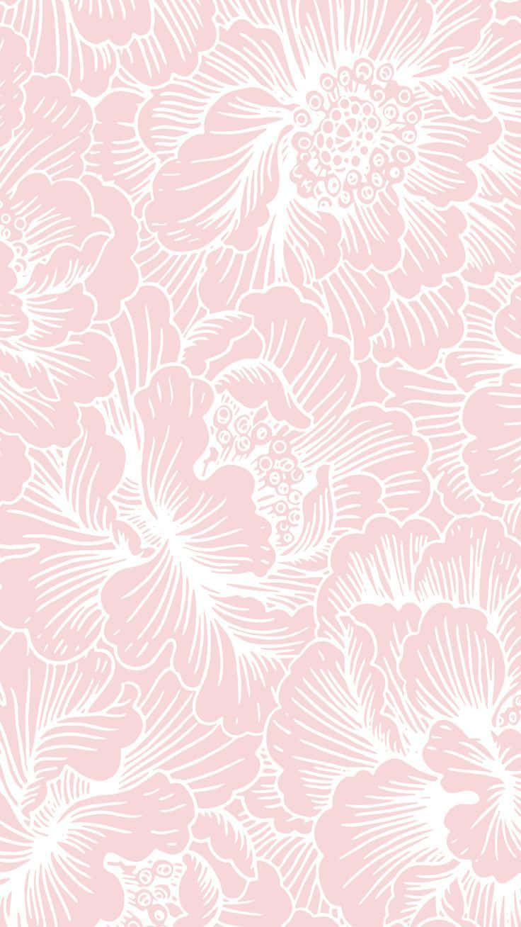 Pastel Vintage iPhone 桌布 壁紙 — 柔軟的粉紅色壁紙，帶有白色輪廓花卉圖案，重複優雅設計。