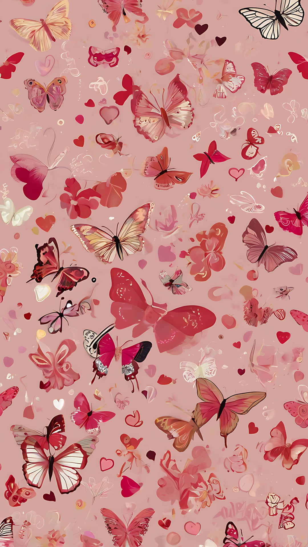 Butterfly Hearts for Valentine's Day smartphone wallpaper 壁紙 — 柔軟的粉紅色壁紙，散落著紅色和白色色調的蝴蝶和心形。