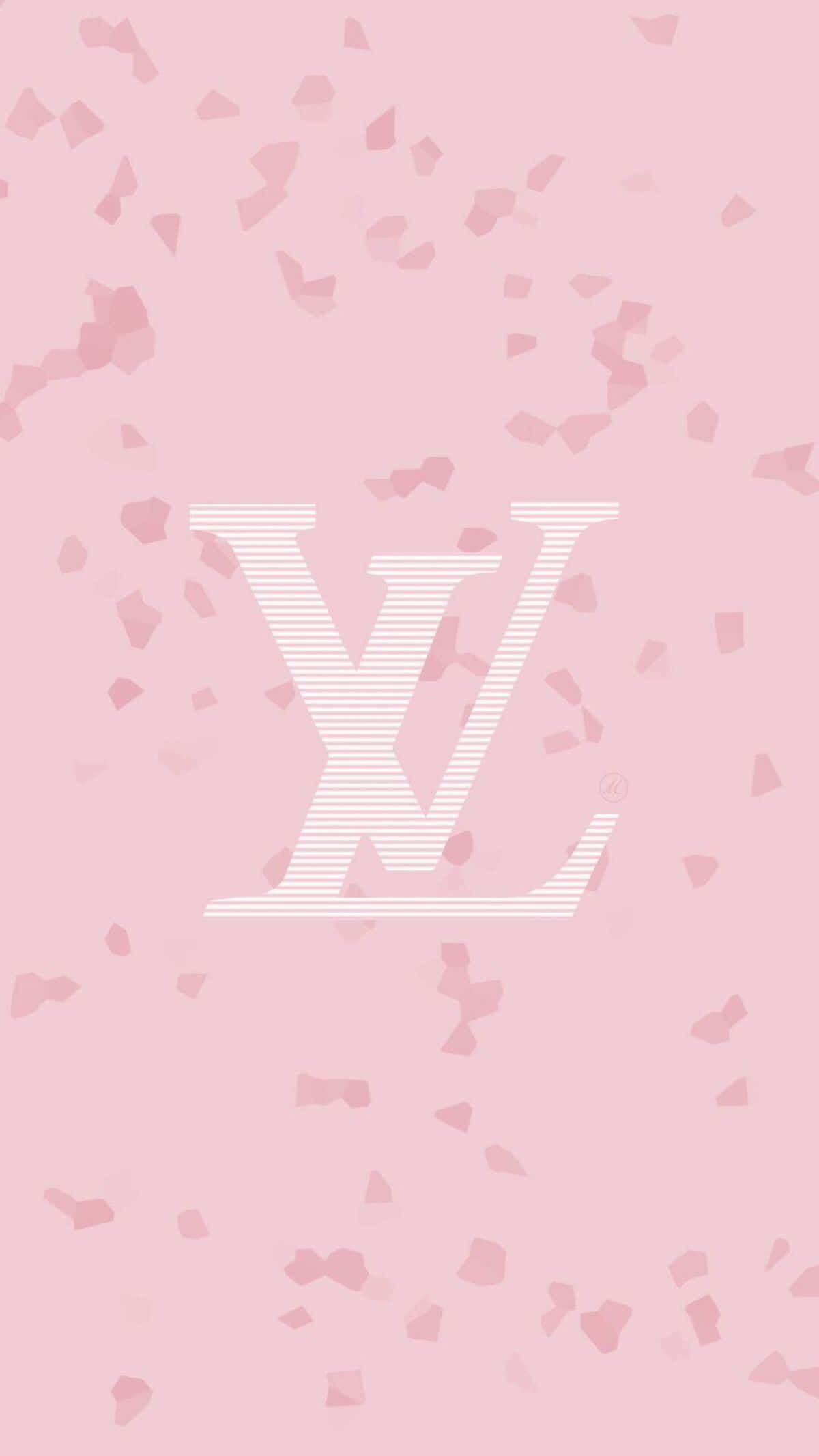 可愛 iPhone 桌布 桌布 壁紙 — 柔軟的粉紅色壁紙上，白色條紋的 Louis Vuitton 標誌被散落的粉紅色紙屑包圍。