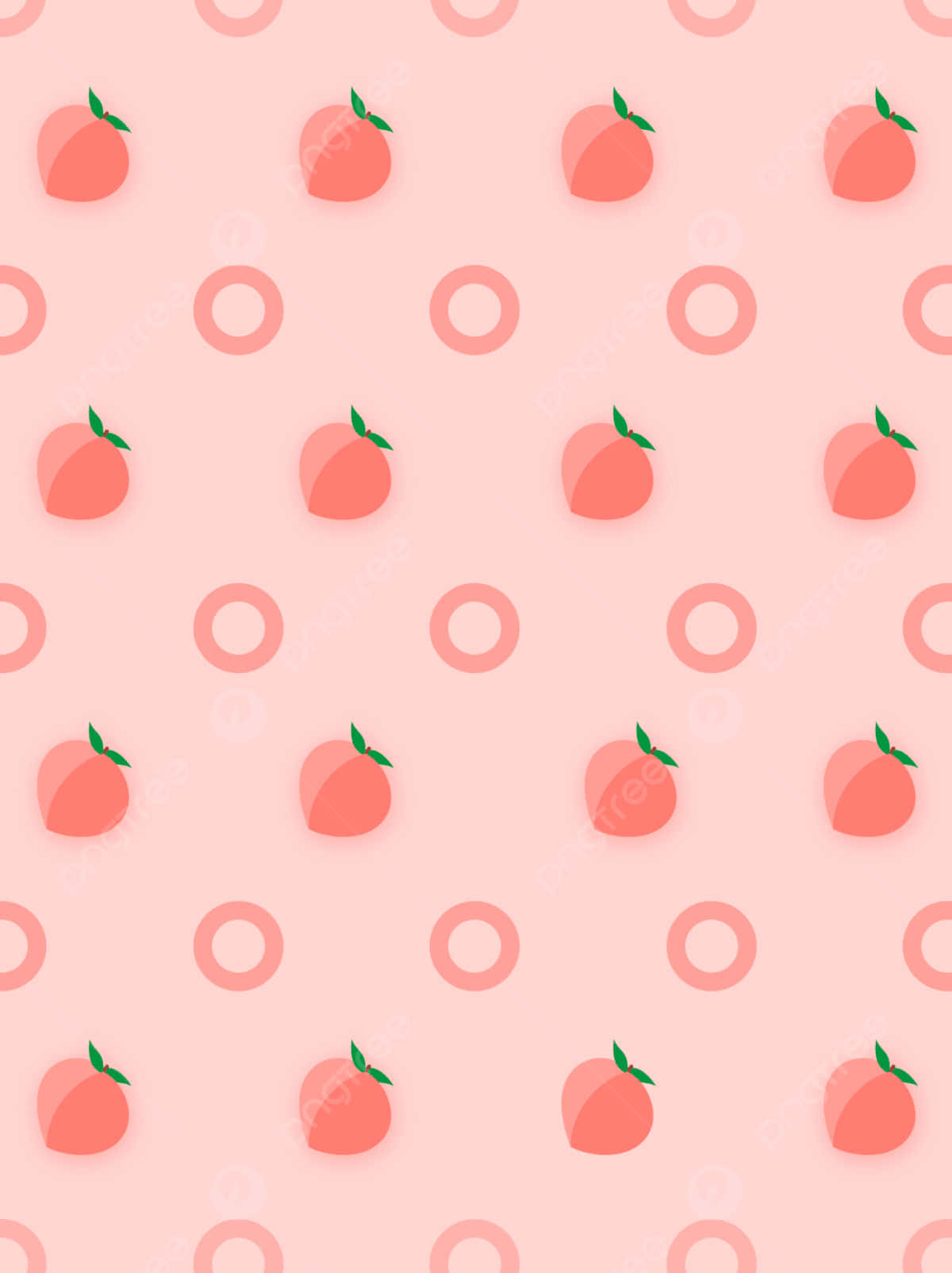 Cute Peach 桌布 壁紙 — 柔軟的粉紅色壁紙圖案，帶有重複的桃子圖標和帶有微妙陰影的圓形形狀。