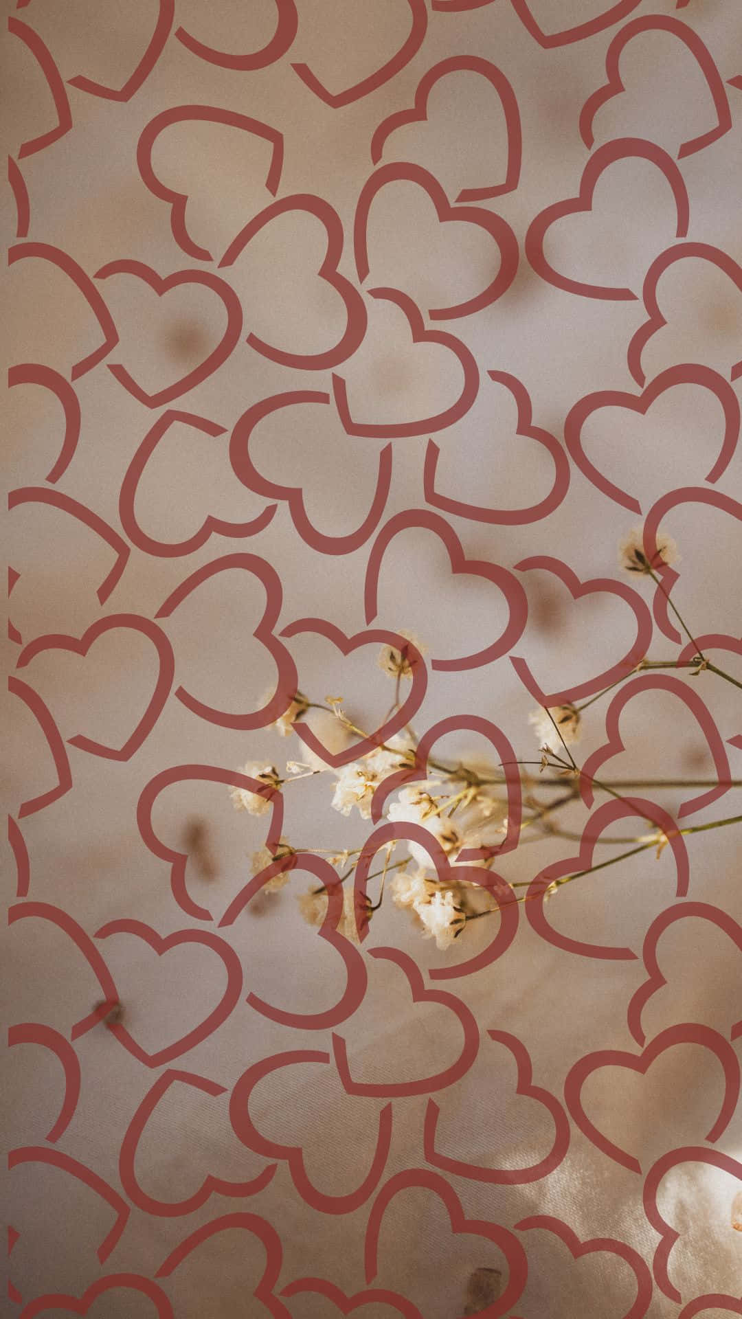 Red Hearts 桌布 壁紙 — 柔軟的粉紅色心形輪廓覆蓋著紋理表面，前景擺放著精緻的白色乾花。