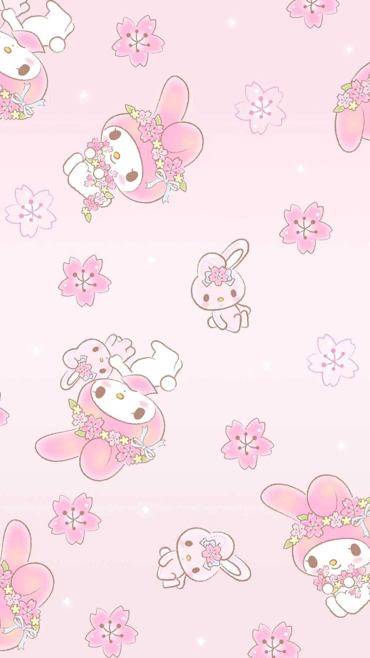 Cute Sanrio 桌布 壁紙 — 柔軟的粉紅色桌布，飾有My Melody角色，點綴著櫻花和閃爍的星星。