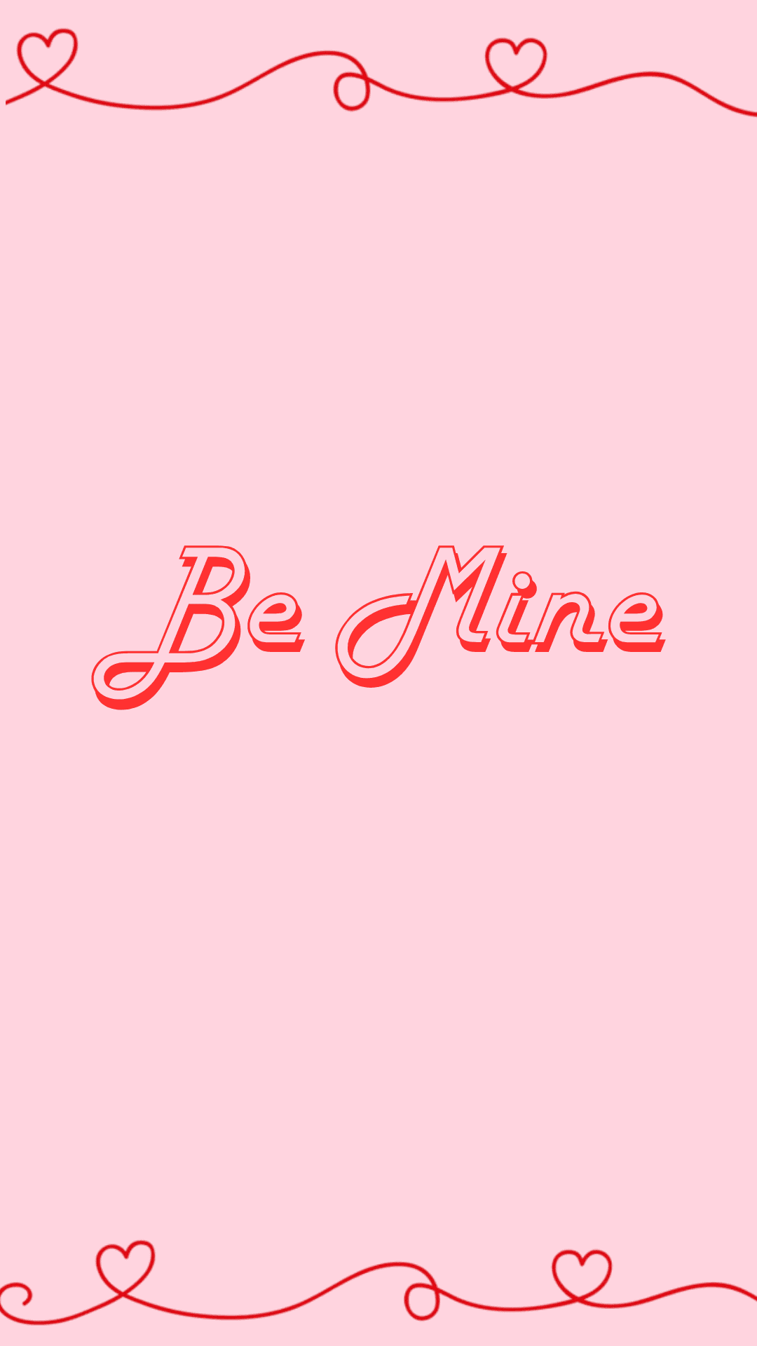 情人節快樂 桌布 壁紙 — 柔軟的粉紅色桌布上，以紅色草書寫有「Be Mine」字樣，頂部和底部有心形頂部的漩渦裝飾。