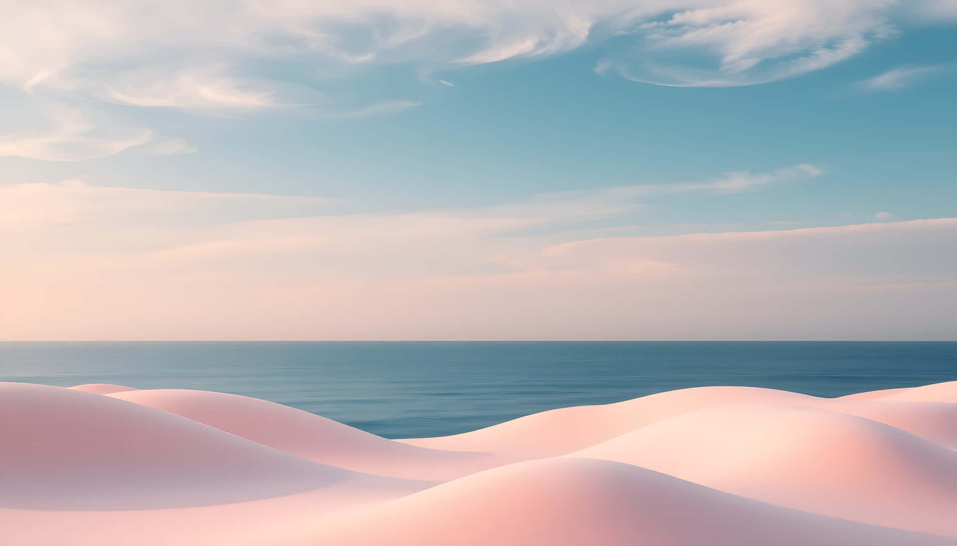 Minimalist Pastel Geometry with Calm Aesthetic 壁紙 — 柔軟的粉紅色沙丘在帶有薄雲的柔和天空下，向平靜的藍色海洋延伸。