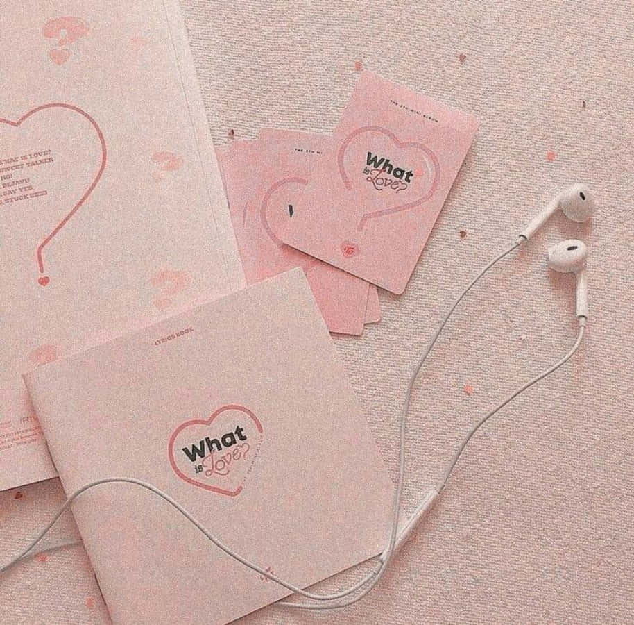 Pastel Pink Aesthetic 桌布 壁紙 — 柔軟的粉紅色筆記本帶有心形問號和白色耳機，放置在帶有紋理的粉彩粉紅色表面上。