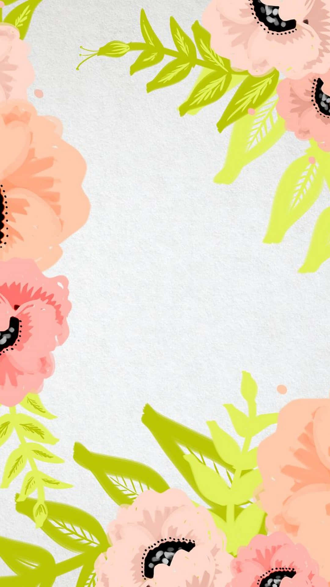 cute girly phone 桌布 壁紙 — 柔軟的粉紅色罌粟花和萊姆綠葉在精緻的花卉插圖中框住淺色紋理背景。