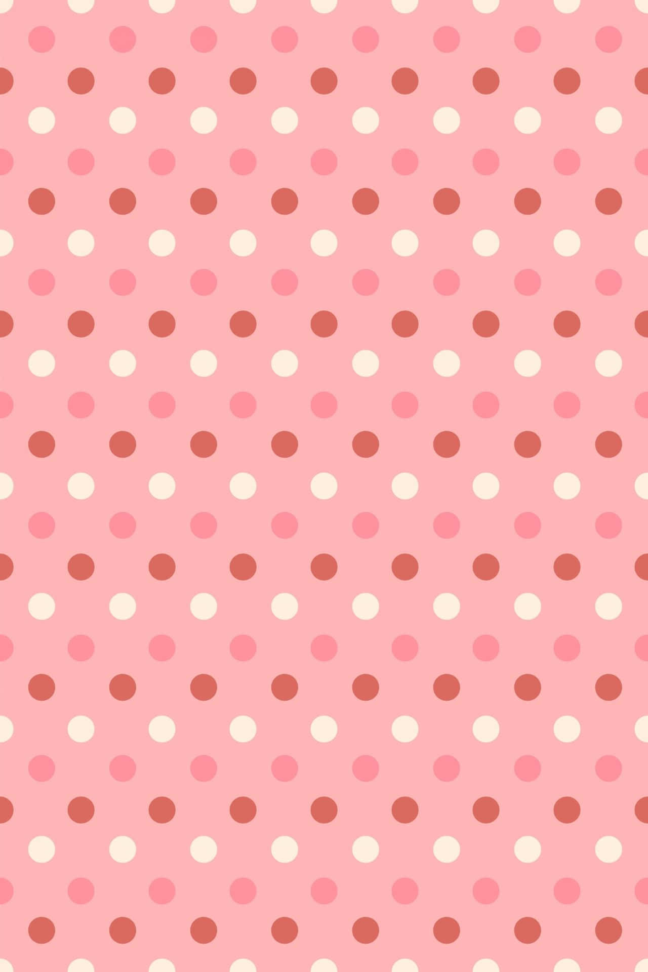 Pink And White Polka Dot 桌布 壁紙 — 柔軟的粉紅色背景，上面有白色和棕色圓點整齊排列的重複圖案。