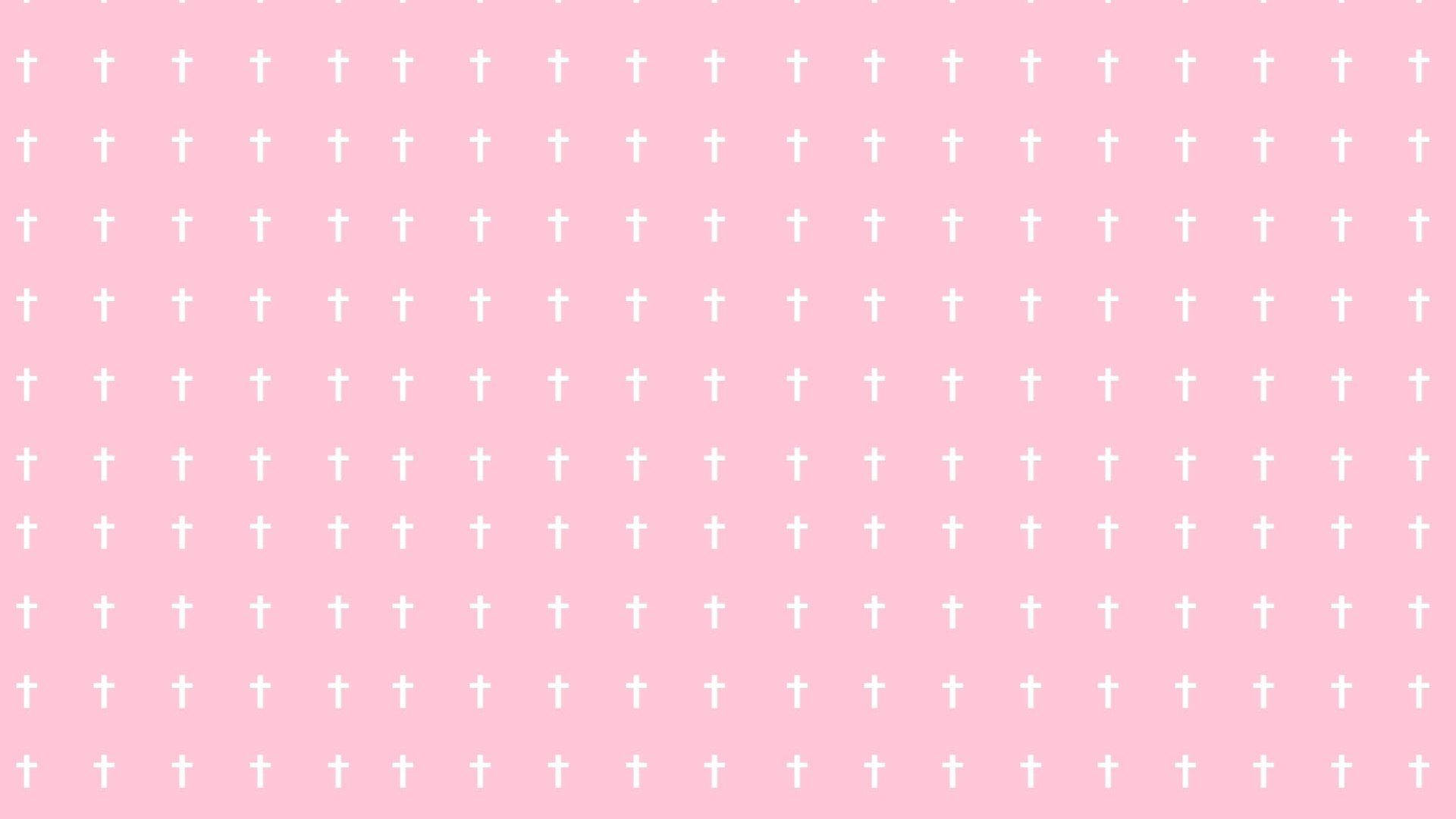 Aesthetic Cute Pastel 桌布 壁紙 — 柔軟的粉紅色背景，充滿整齊排列的小白十字重複圖案。