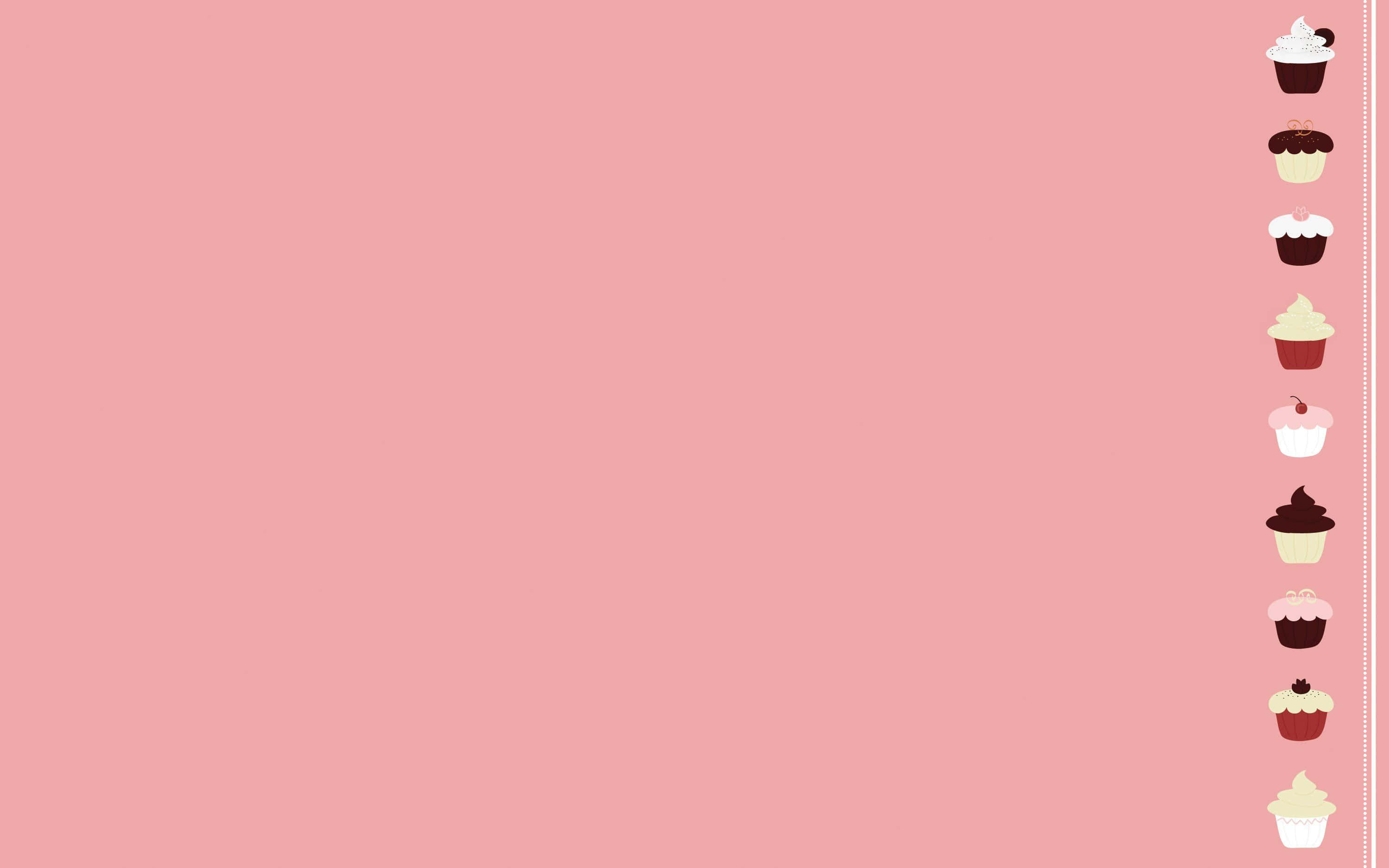 Pink Cute 桌布 壁紙 — 柔軟的粉紅色背景，右邊邊緣有一排垂直的彩色卡通杯子蛋糕。