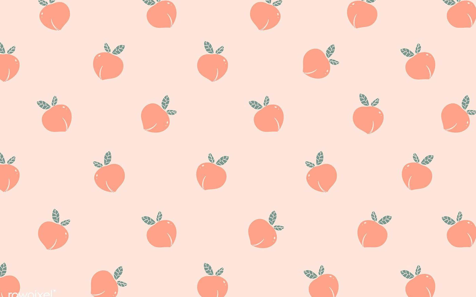 Cute Peach 桌布 壁紙 — 柔軟的粉紅色背景，飾有重複的桃子插圖，帶有綠色葉子。