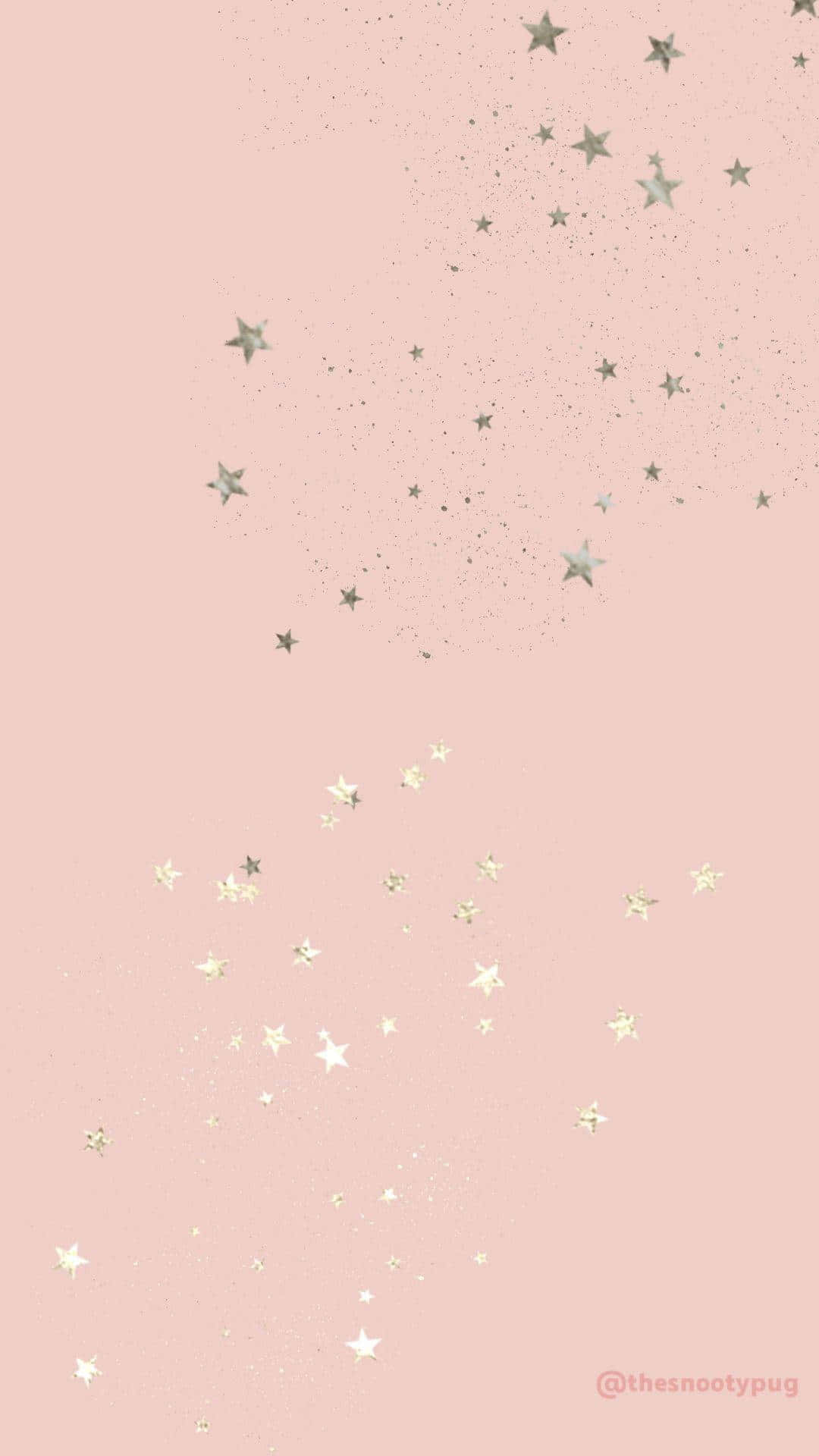 Aesthetic Rose Gold 桌布 壁紙 — 柔軟的粉紅色背景，點綴著散落的銀色和白色閃亮星星，營造出夢幻般的天體效果。