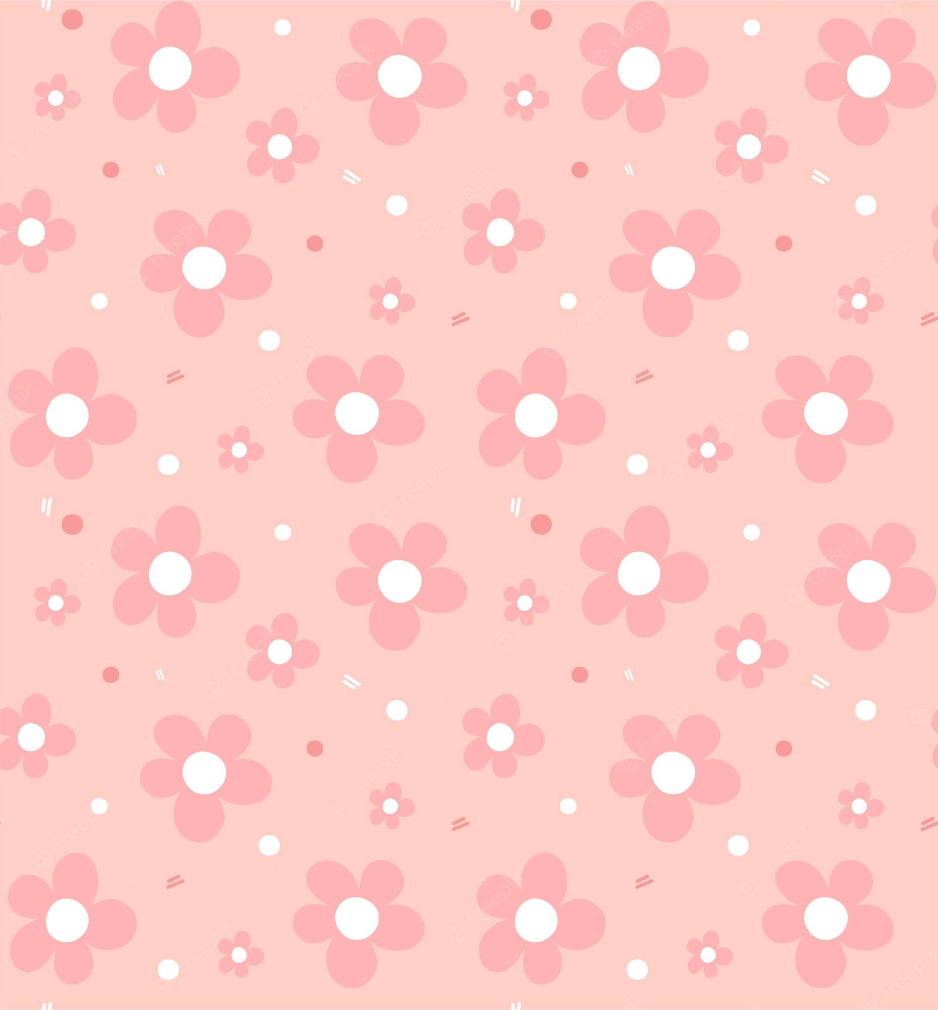 Aesthetic Cute Pastel 桌布 壁紙 — 柔軟的粉紅色背景，點綴著散落的風格化花朵和各種粉紅色和白色的小點。