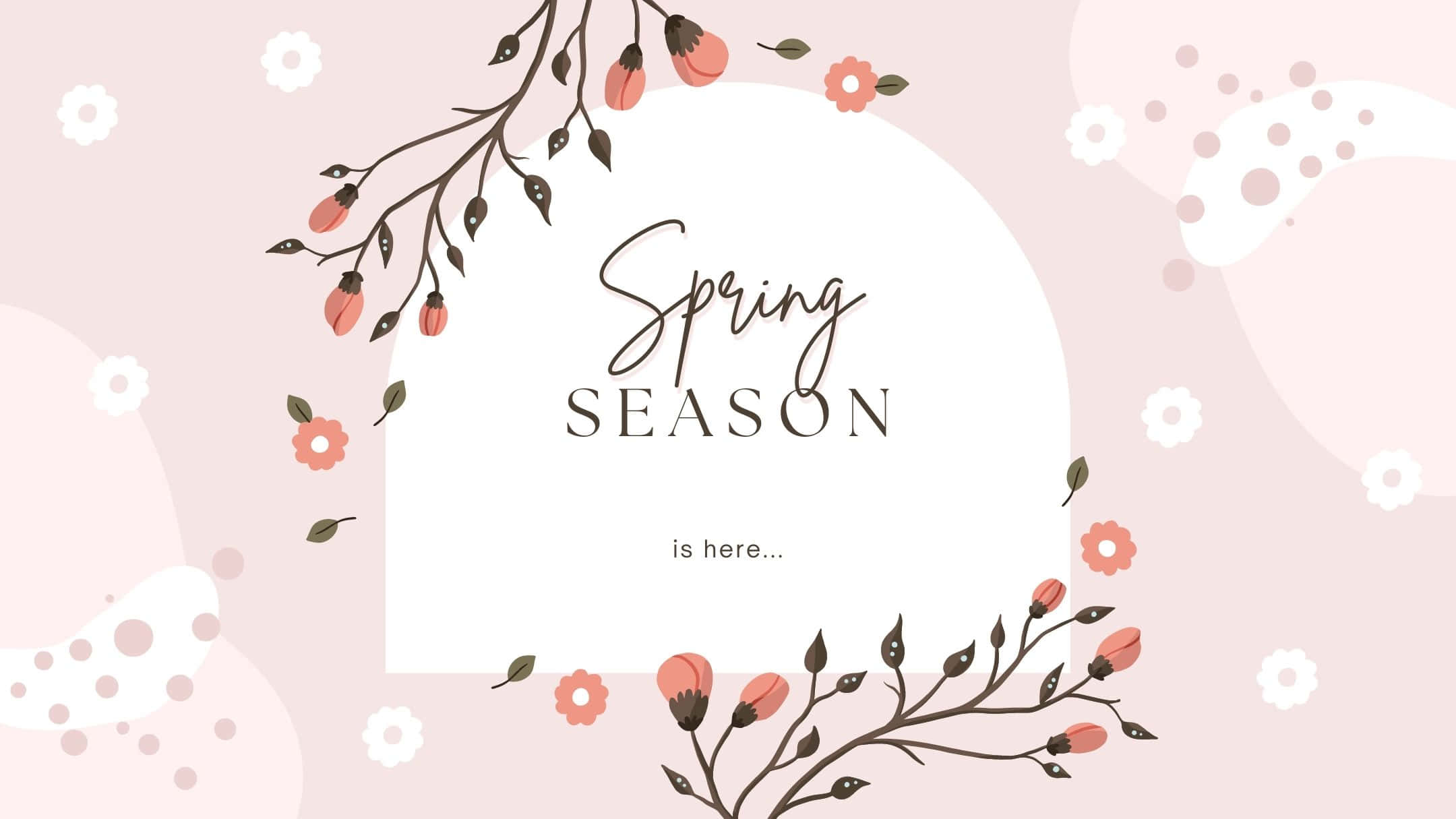 Best Spring 桌布 壁紙 — 柔軟的粉紅色背景上，精緻的花枝點綴著桃花和白色花朵，環繞著中央的白色圓圈，帶有優雅的春天文字。