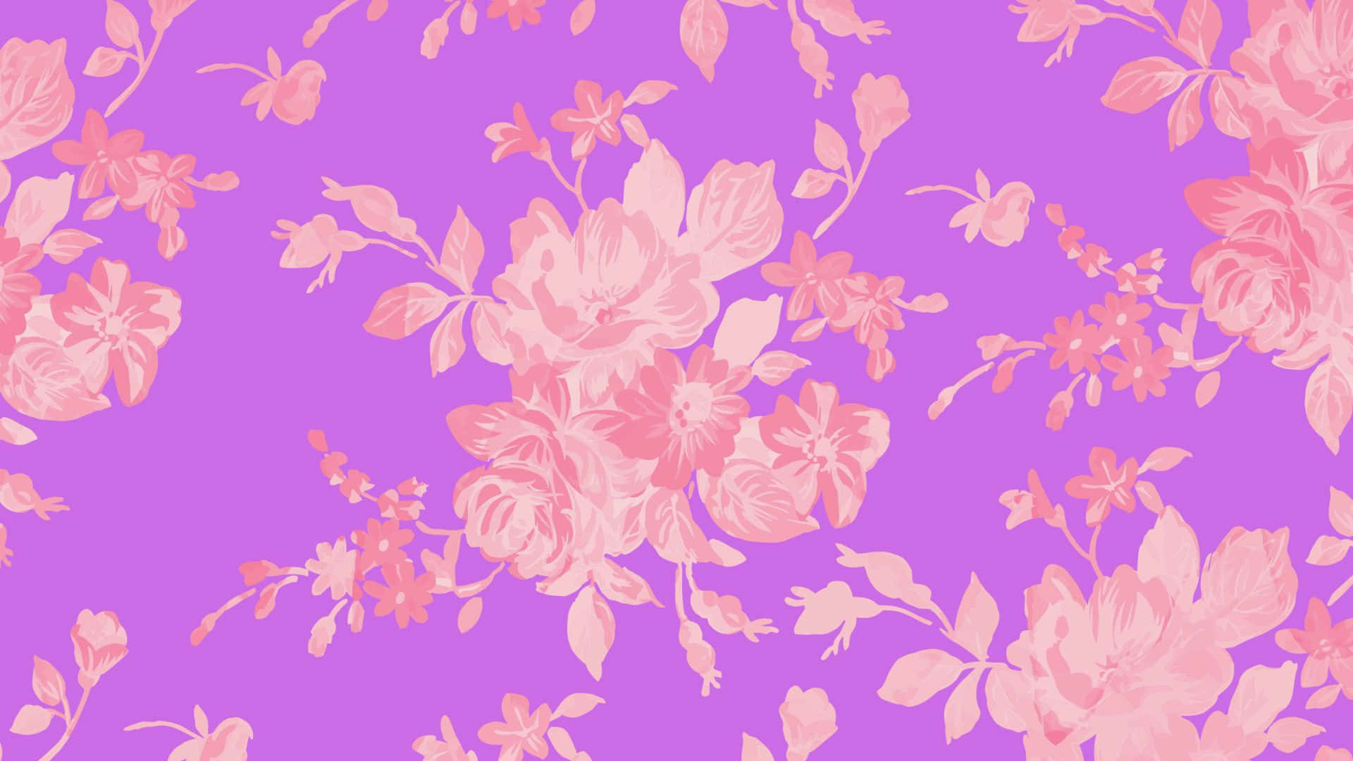 Floral Watercolor 桌布 壁紙 — 柔軟的粉紅色花朵和花蕾在充滿活力的薰衣草背景上優雅地漂浮，形成重複圖案。