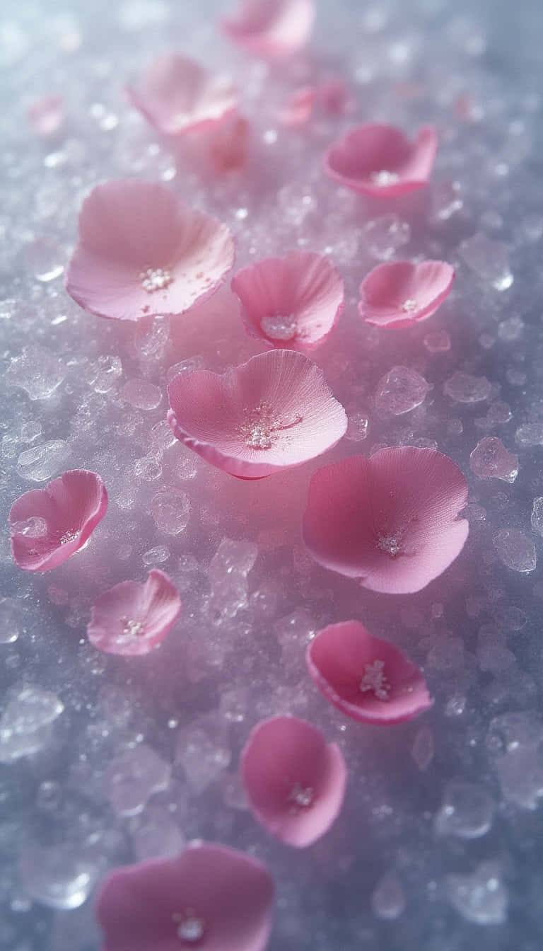 Flower 壁紙 — 柔軟的粉紅色花瓣在閃閃發光的透明水晶床上輕輕漂浮，夢幻般的特寫。