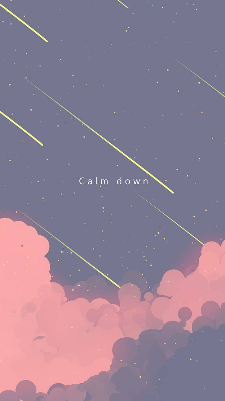 Shooting Star 桌布 壁紙 — 柔軟的粉紅雲在佈滿星星的紫色天空下飄浮，天空有發光黃色線條和 calm down 文字。