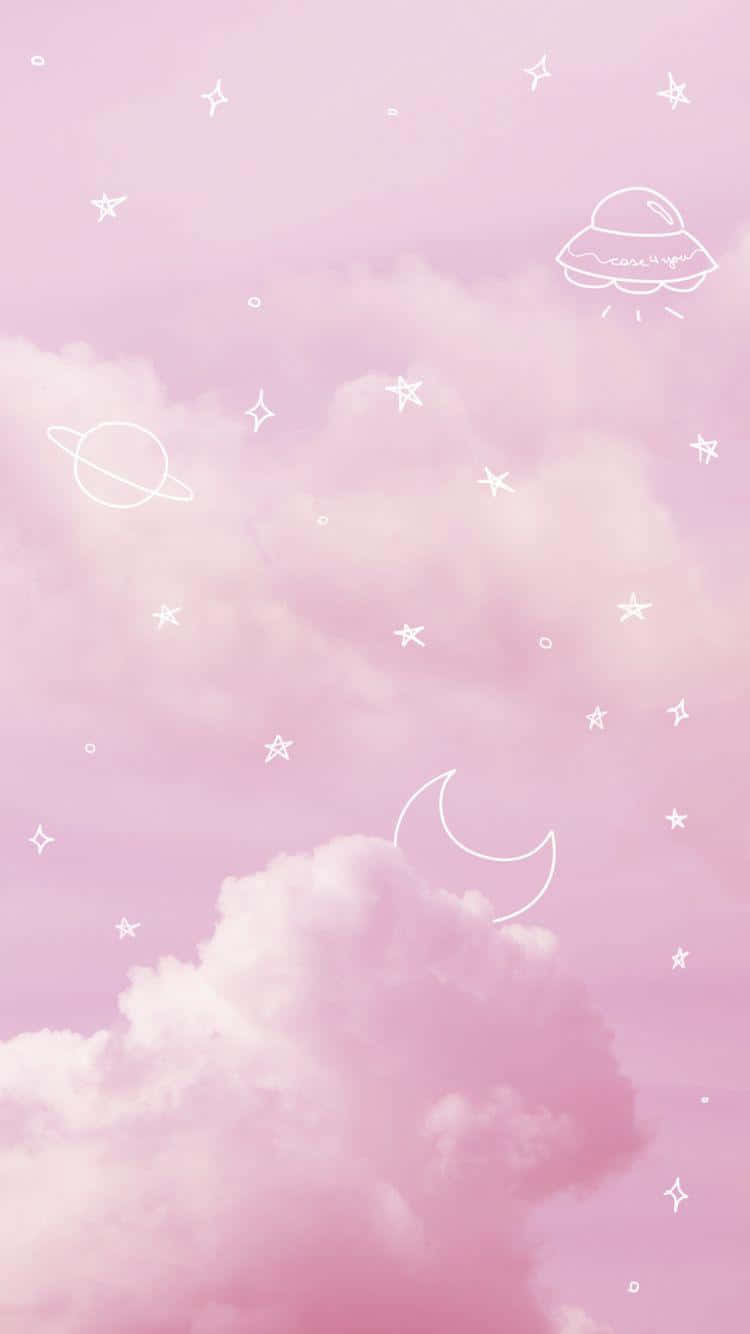 Pfp 桌布 壁紙 — 柔軟的粉紅雲朵在夢幻的天空下飄浮，天空點綴著白色輪廓的星星、月亮和UFO。