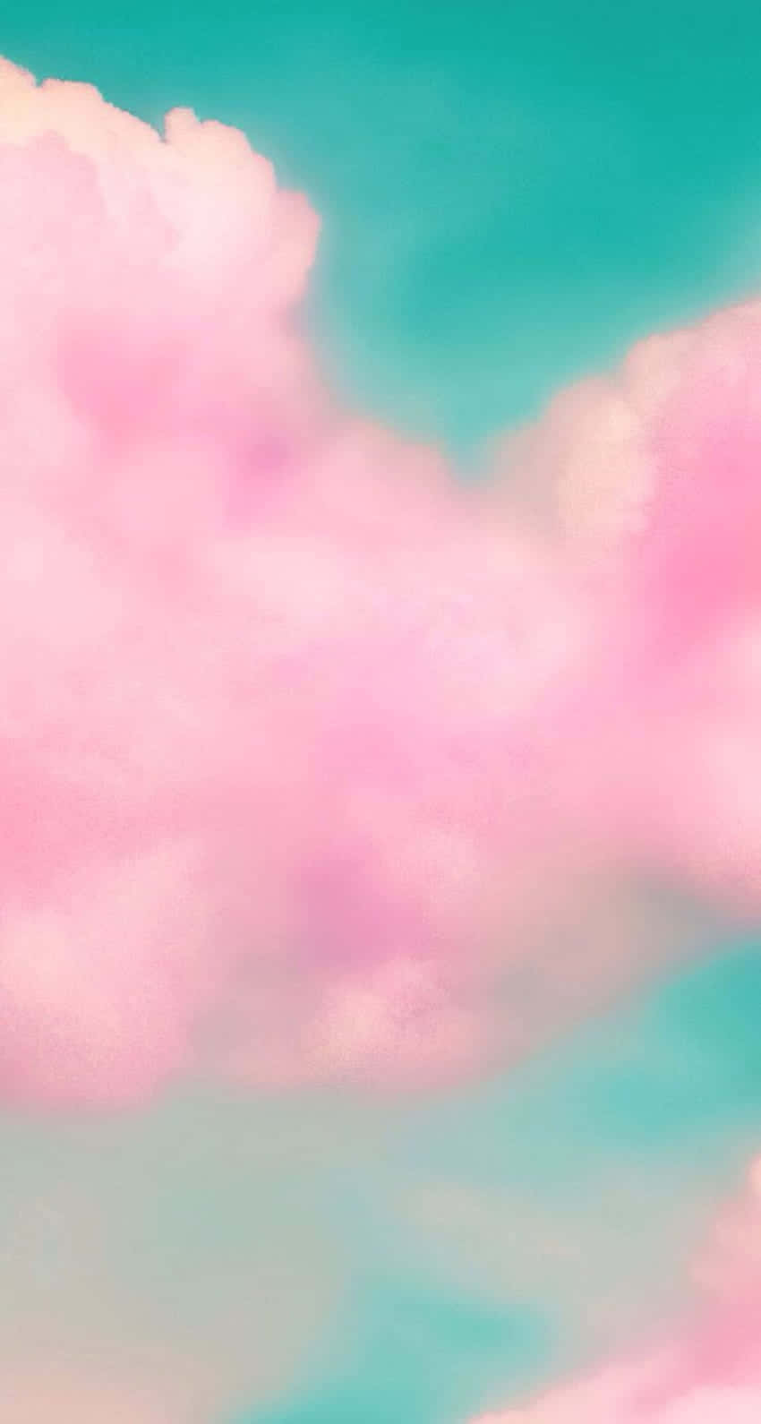 雲朵 桌布 壁紙 — 柔軟的粉紅雲朵在夢幻的藍綠色天空中飄浮，構成柔和色調的抽象天空場景。