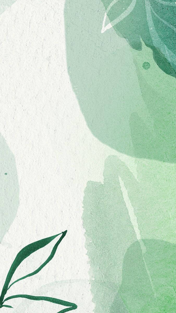 Mint Green iPhone 桌布 壁紙 — 柔軟的綠色水彩葉片在帶紋理的白色紙張上漂浮，呈現極簡植物設計。