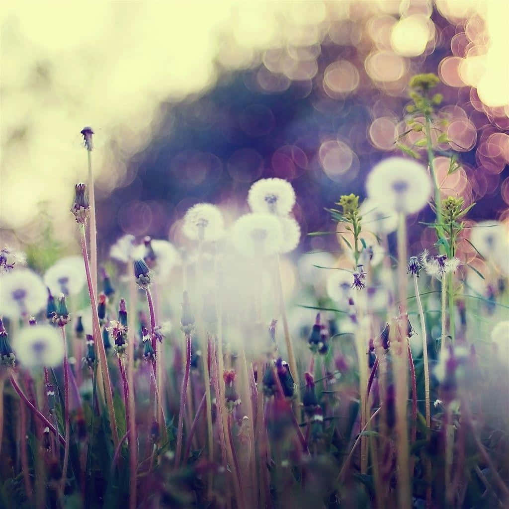 Dandelion 桌布 壁紙 — 柔軟的蒲公英絨毛在溫暖的散景光中發光，背景夢幻模糊。
