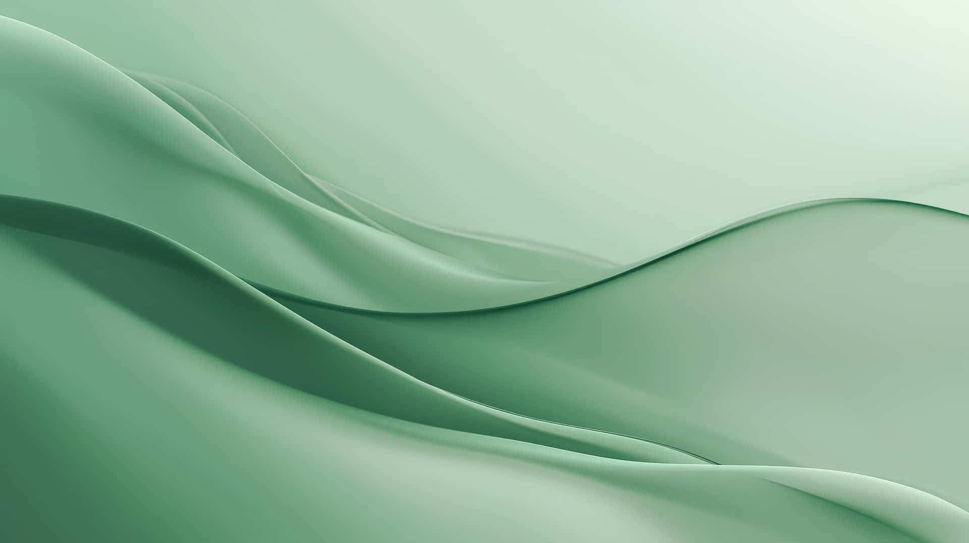 Abstract Green Flowing Waves in Smooth Minimalist Design Background 壁紙 — 柔軟的薄荷綠色布料以溫和的起伏波浪流動，營造出寧靜的極簡抽象紋理。