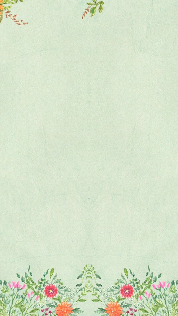 WhatsApp 聊天 桌布 壁紙 — 柔軟的薄荷綠色紋理背景，以精緻的花卉邊框點綴，帶有粉紅色、紅色和橙色的花朵。