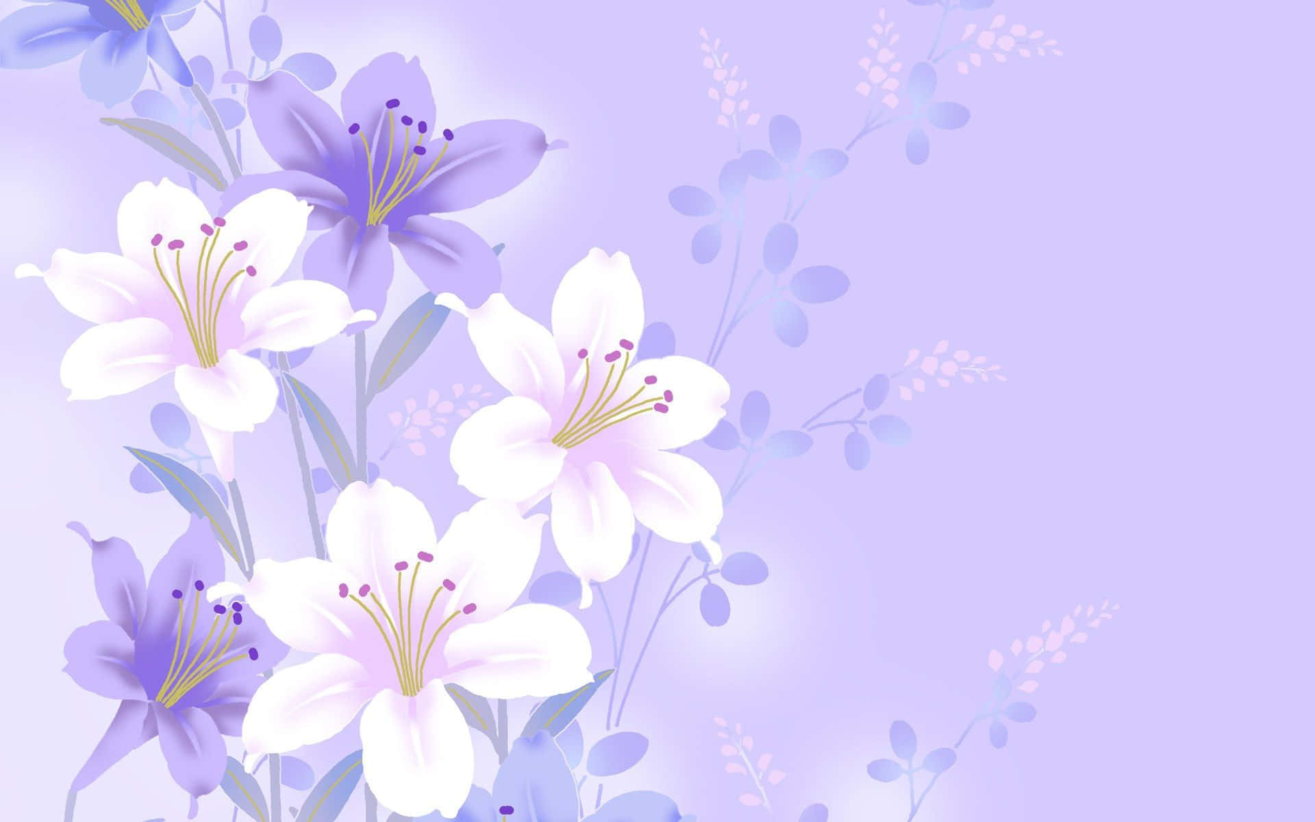 Simple Flower 桌布 壁紙 — 柔軟的薰衣草和白色百合花在夢幻的粉紫色漸變背景上優雅地綻放。